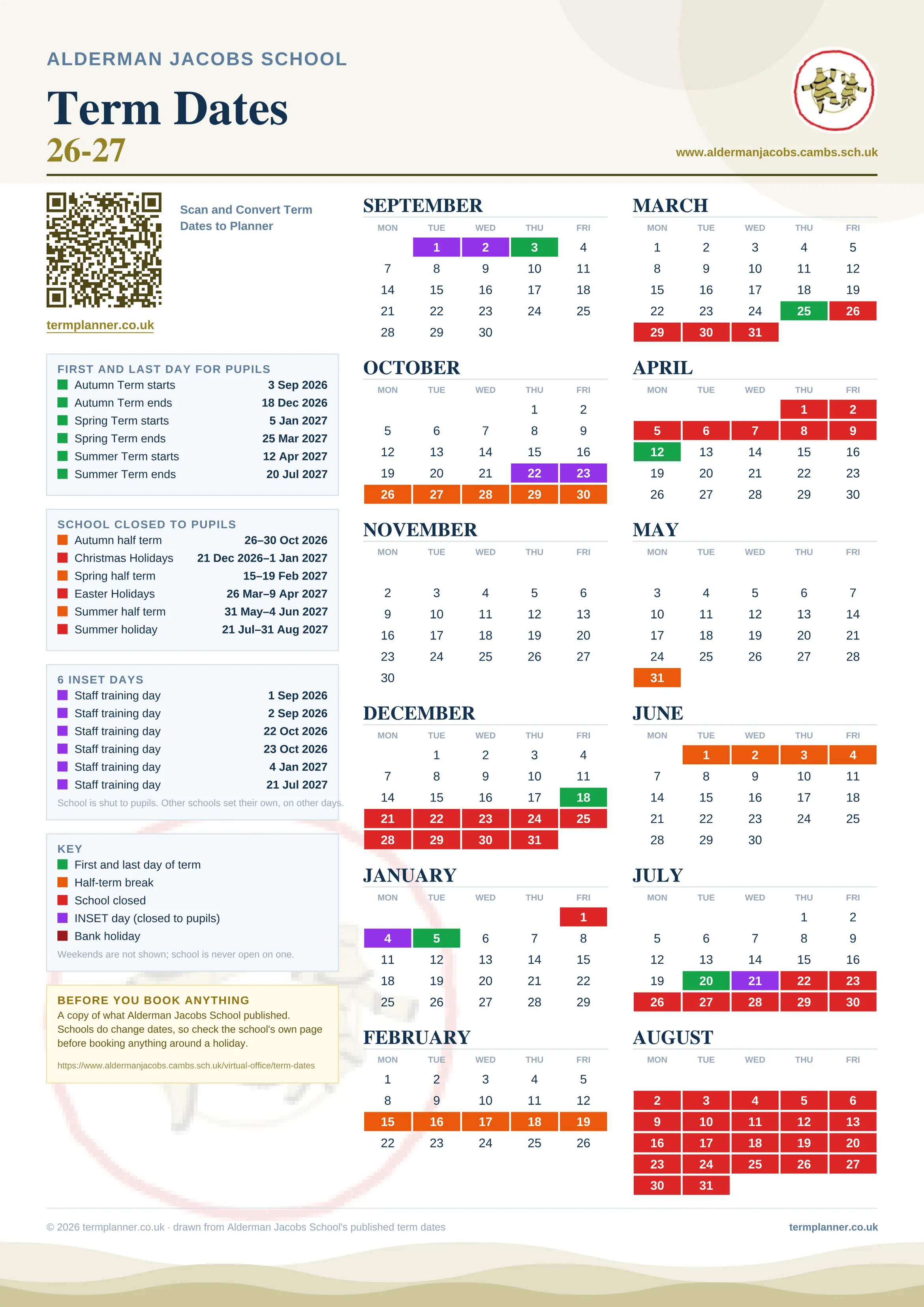 Alderman Jacobs School’s 2026/27 school year drawn as one sheet: twelve month grids from September to August, Monday to Friday, with autumn term 3 September to 18 December 2026, spring term 5 January to 25 March 2027, summer term 12 April to 20 July 2027. Half terms, holidays and bank holidays are filled in colour, the first and last day of each term is marked, 6 INSET days are picked out, and every date is listed again in words down the left.