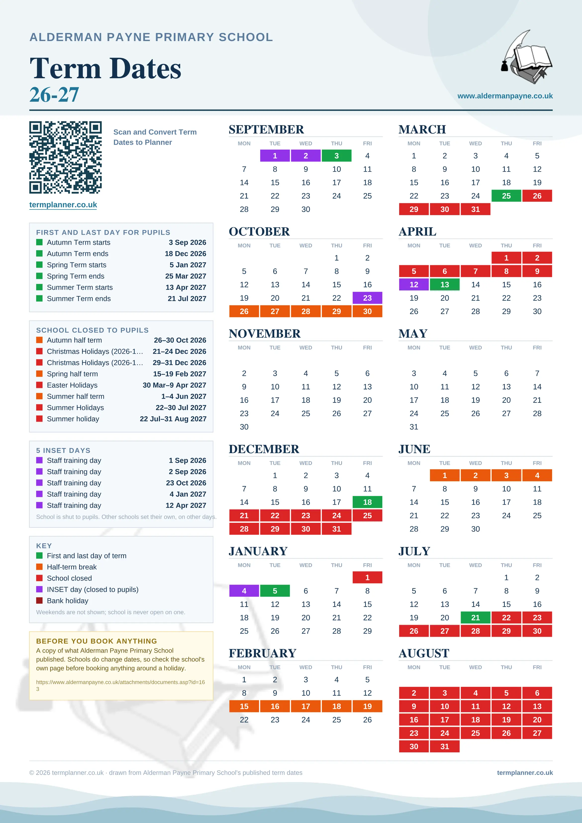 Alderman Payne Primary School’s 2026/27 school year drawn as one sheet: twelve month grids from September to August, Monday to Friday, with autumn term 3 September to 18 December 2026, spring term 5 January to 25 March 2027, summer term 13 April to 21 July 2027. Half terms, holidays and bank holidays are filled in colour, the first and last day of each term is marked, 5 INSET days are picked out, and every date is listed again in words down the left.