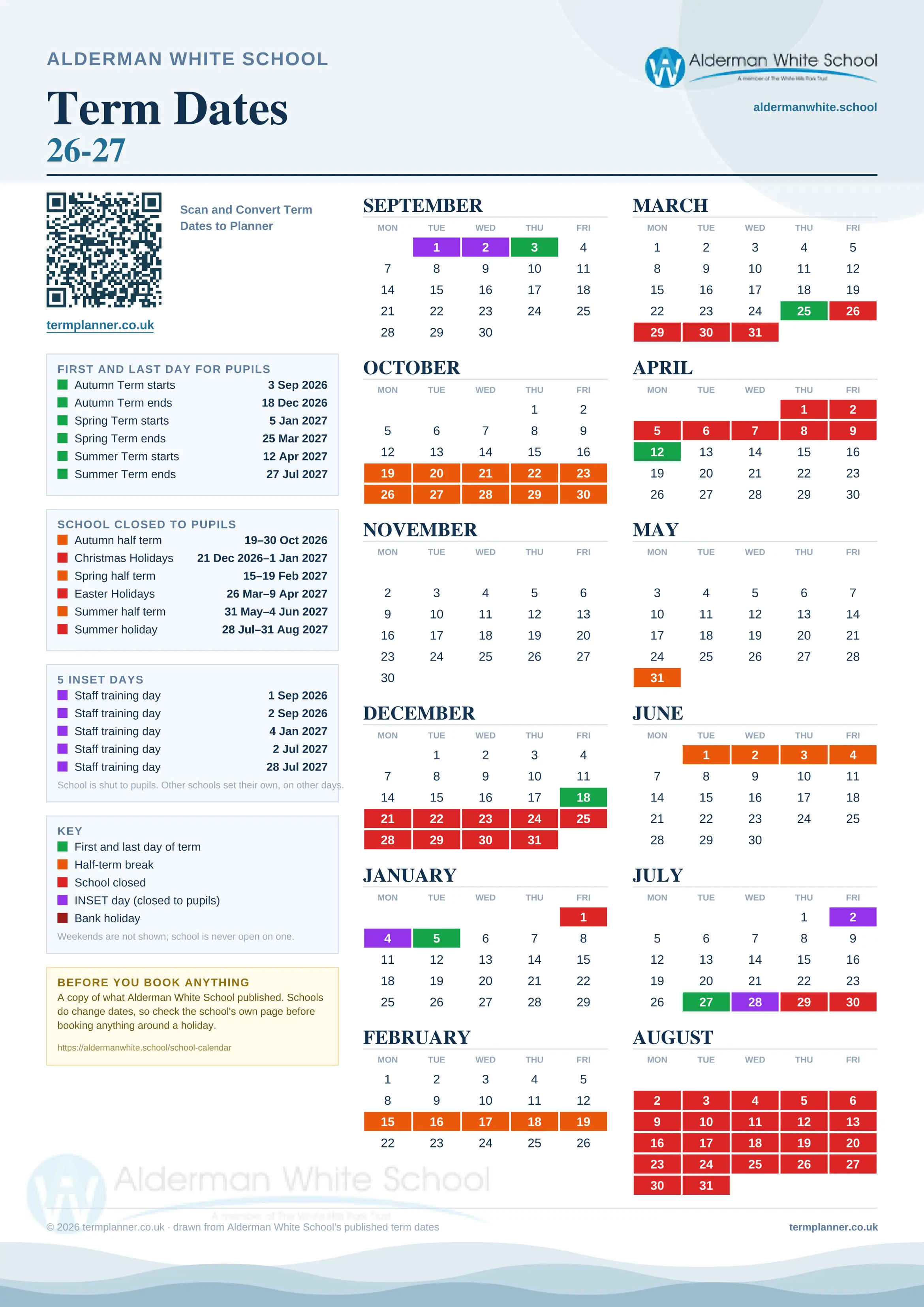 Alderman White School’s 2026/27 school year drawn as one sheet: twelve month grids from September to August, Monday to Friday, with autumn term 3 September to 18 December 2026, spring term 5 January to 25 March 2027, summer term 12 April to 27 July 2027. Half terms, holidays and bank holidays are filled in colour, the first and last day of each term is marked, 5 INSET days are picked out, and every date is listed again in words down the left.