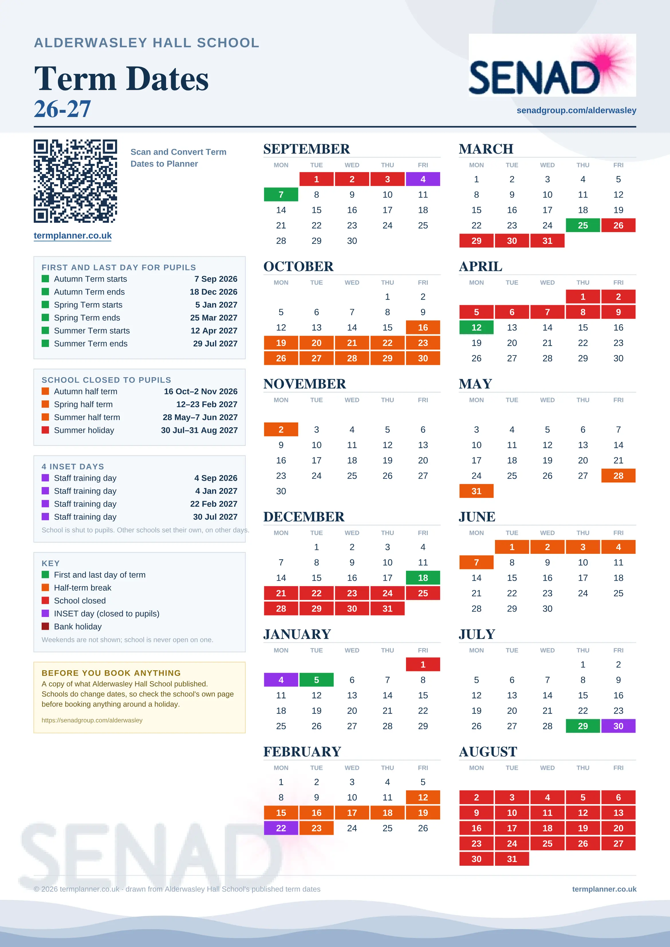 Alderwasley Hall School’s 2026/27 school year drawn as one sheet: twelve month grids from September to August, Monday to Friday, with autumn term 7 September to 18 December 2026, spring term 5 January to 25 March 2027, summer term 12 April to 29 July 2027. Half terms, holidays and bank holidays are filled in colour, the first and last day of each term is marked, 4 INSET days are picked out, and every date is listed again in words down the left.