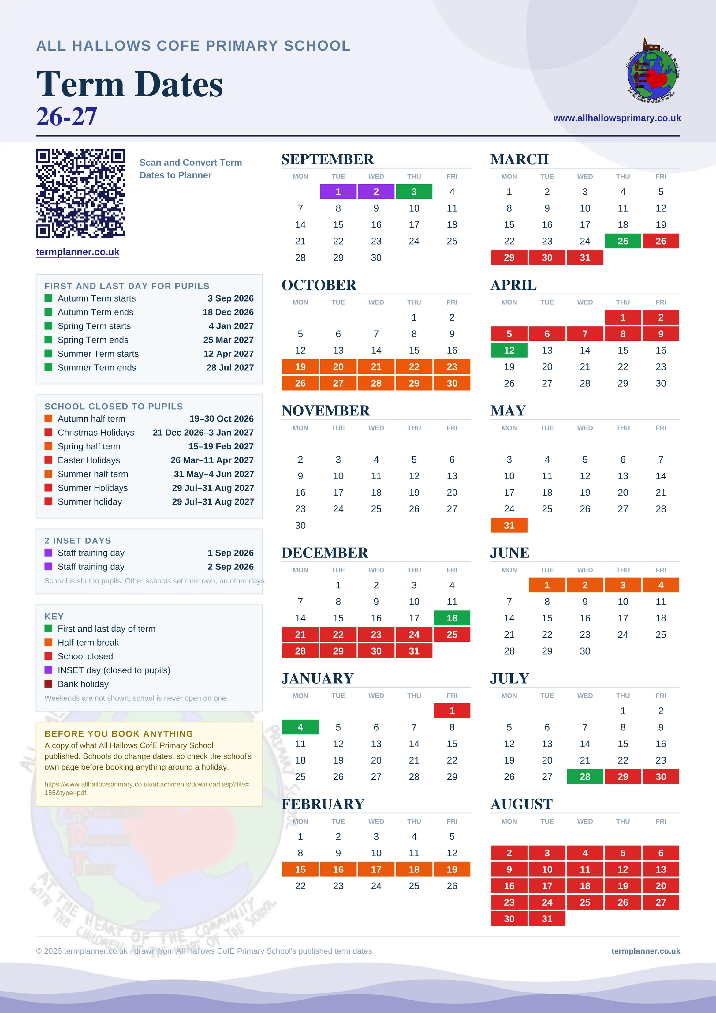 All Hallows CofE Primary School’s 2026/27 school year drawn as one sheet: twelve month grids from September to August, Monday to Friday, with autumn term 3 September to 18 December 2026, spring term 4 January to 25 March 2027, summer term 12 April to 28 July 2027. Half terms, holidays and bank holidays are filled in colour, the first and last day of each term is marked, 2 INSET days are picked out, and every date is listed again in words down the left.