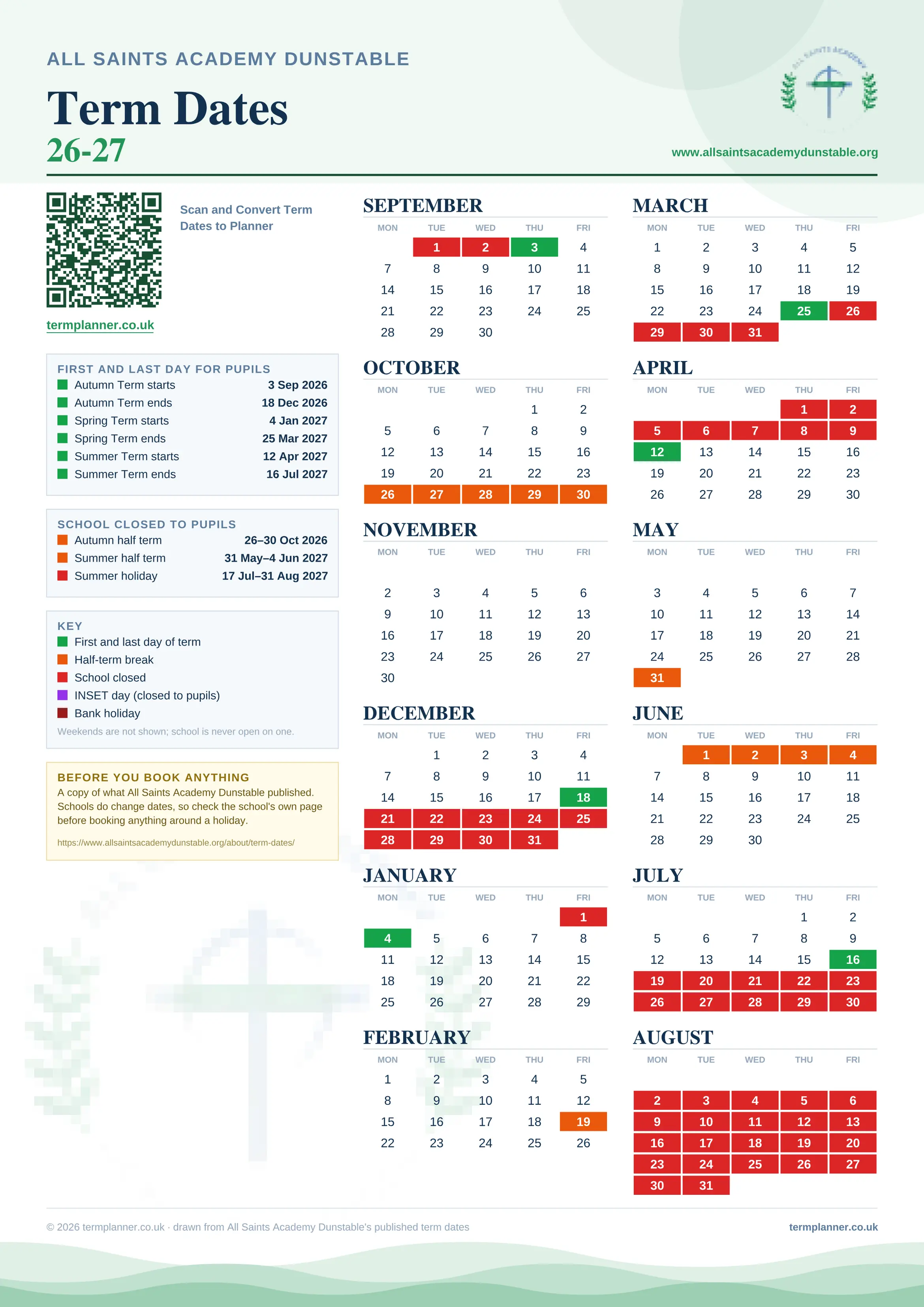 All Saints Academy Dunstable’s 2026/27 school year drawn as one sheet: twelve month grids from September to August, Monday to Friday, with autumn term 3 September to 18 December 2026, spring term 4 January to 25 March 2027, summer term 12 April to 16 July 2027. Half terms, holidays and bank holidays are filled in colour, the first and last day of each term is marked, and every date is listed again in words down the left.