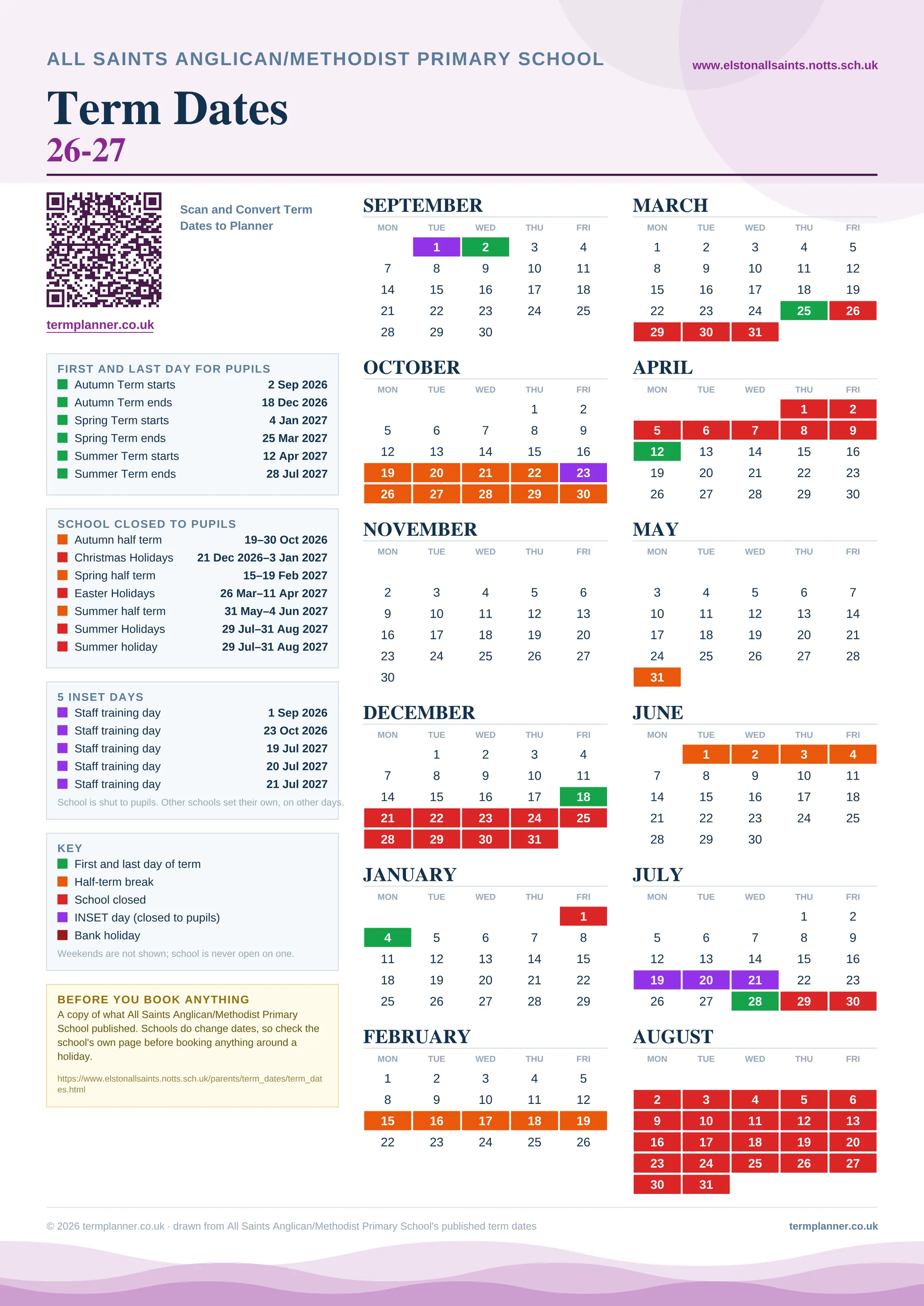 All Saints Anglican/Methodist Primary School’s 2026/27 school year drawn as one sheet: twelve month grids from September to August, Monday to Friday, with autumn term 2 September to 18 December 2026, spring term 4 January to 25 March 2027, summer term 12 April to 28 July 2027. Half terms, holidays and bank holidays are filled in colour, the first and last day of each term is marked, 5 INSET days are picked out, and every date is listed again in words down the left.