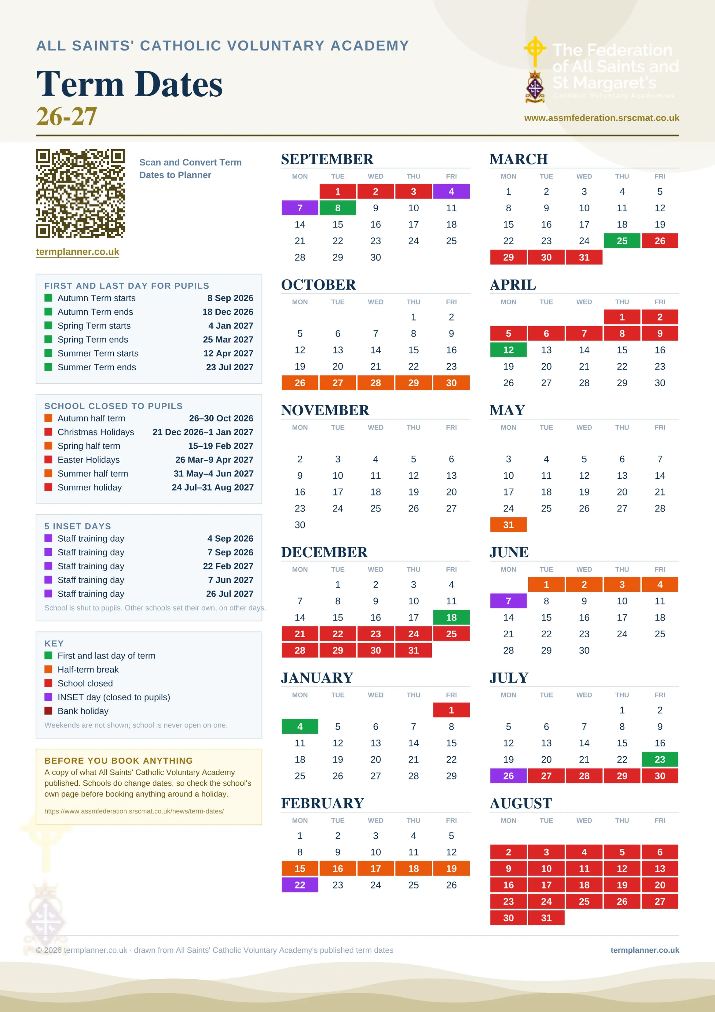 All Saints' Catholic Voluntary Academy’s 2026/27 school year drawn as one sheet: twelve month grids from September to August, Monday to Friday, with autumn term 8 September to 18 December 2026, spring term 4 January to 25 March 2027, summer term 12 April to 23 July 2027. Half terms, holidays and bank holidays are filled in colour, the first and last day of each term is marked, 5 INSET days are picked out, and every date is listed again in words down the left.