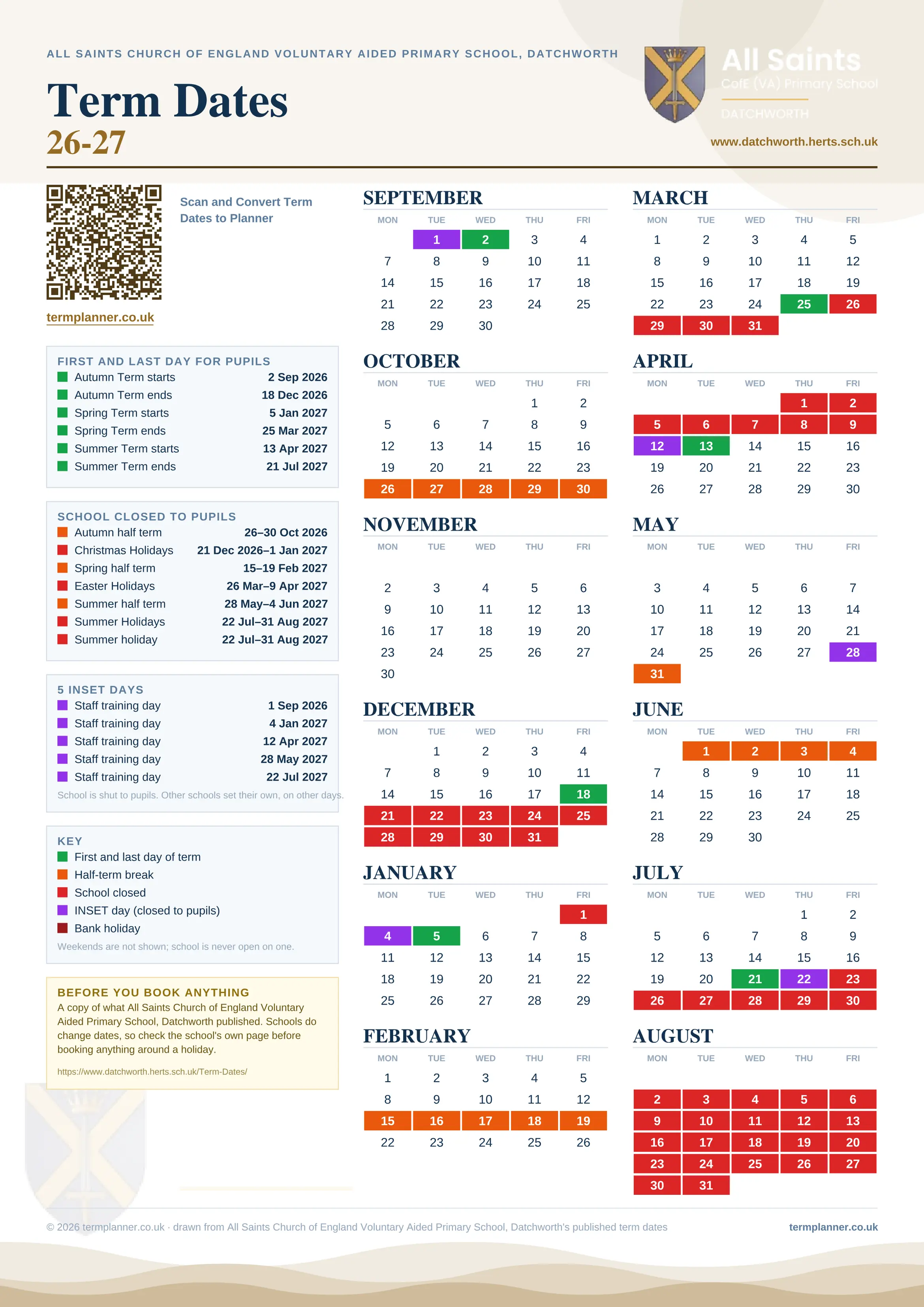 All Saints Church of England Voluntary Aided Primary School, Datchworth’s 2026/27 school year drawn as one sheet: twelve month grids from September to August, Monday to Friday, with autumn term 2 September to 18 December 2026, spring term 5 January to 25 March 2027, summer term 13 April to 21 July 2027. Half terms, holidays and bank holidays are filled in colour, the first and last day of each term is marked, 5 INSET days are picked out, and every date is listed again in words down the left.