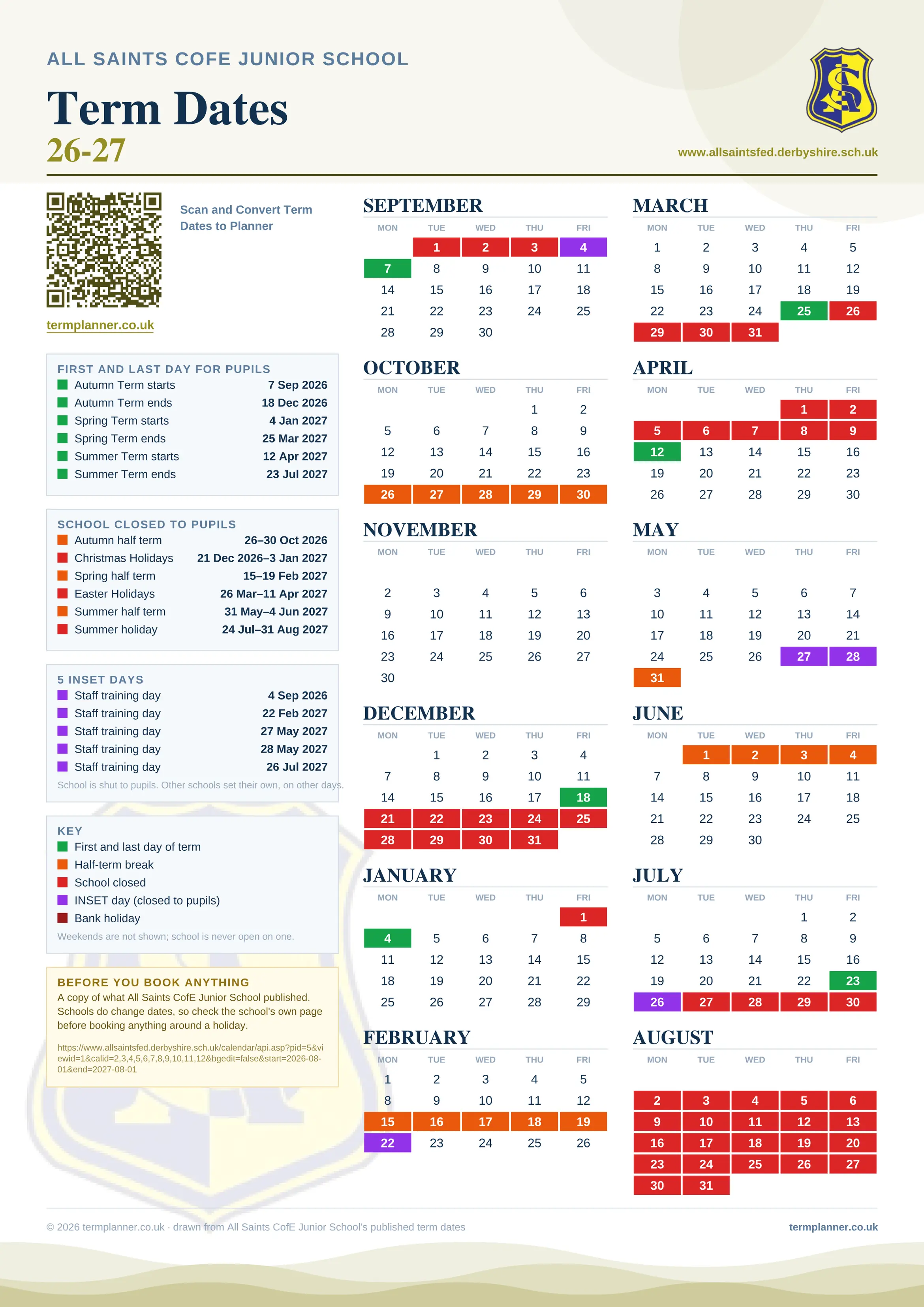All Saints CofE Junior School’s 2026/27 school year drawn as one sheet: twelve month grids from September to August, Monday to Friday, with autumn term 7 September to 18 December 2026, spring term 4 January to 25 March 2027, summer term 12 April to 23 July 2027. Half terms, holidays and bank holidays are filled in colour, the first and last day of each term is marked, 5 INSET days are picked out, and every date is listed again in words down the left.