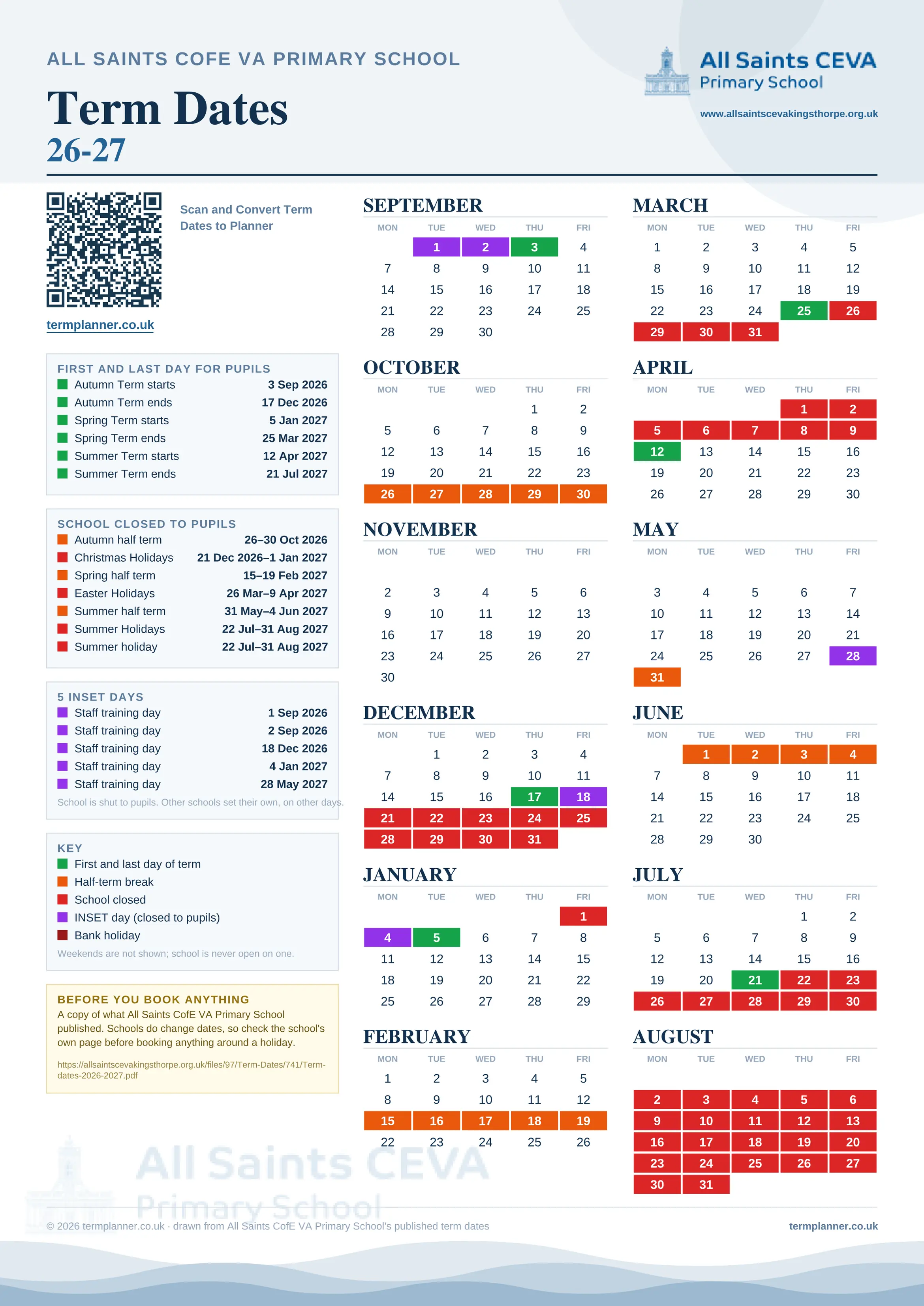 All Saints CofE VA Primary School’s 2026/27 school year drawn as one sheet: twelve month grids from September to August, Monday to Friday, with autumn term 3 September to 17 December 2026, spring term 5 January to 25 March 2027, summer term 12 April to 21 July 2027. Half terms, holidays and bank holidays are filled in colour, the first and last day of each term is marked, 5 INSET days are picked out, and every date is listed again in words down the left.