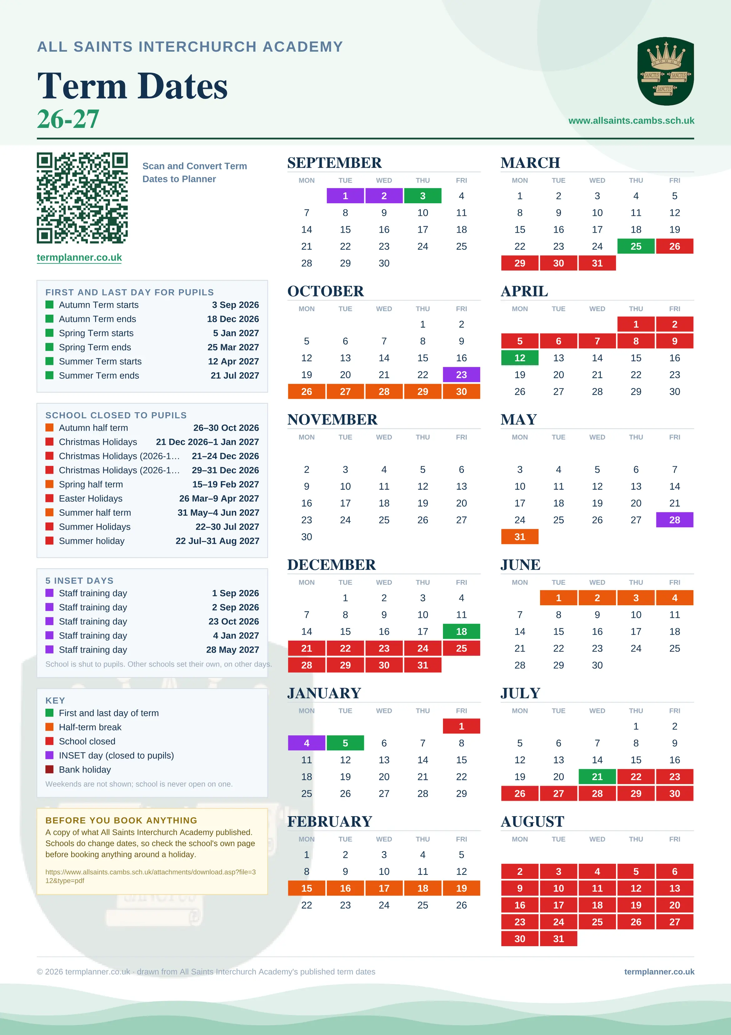 All Saints Interchurch Academy’s 2026/27 school year drawn as one sheet: twelve month grids from September to August, Monday to Friday, with autumn term 3 September to 18 December 2026, spring term 5 January to 25 March 2027, summer term 12 April to 21 July 2027. Half terms, holidays and bank holidays are filled in colour, the first and last day of each term is marked, 5 INSET days are picked out, and every date is listed again in words down the left.