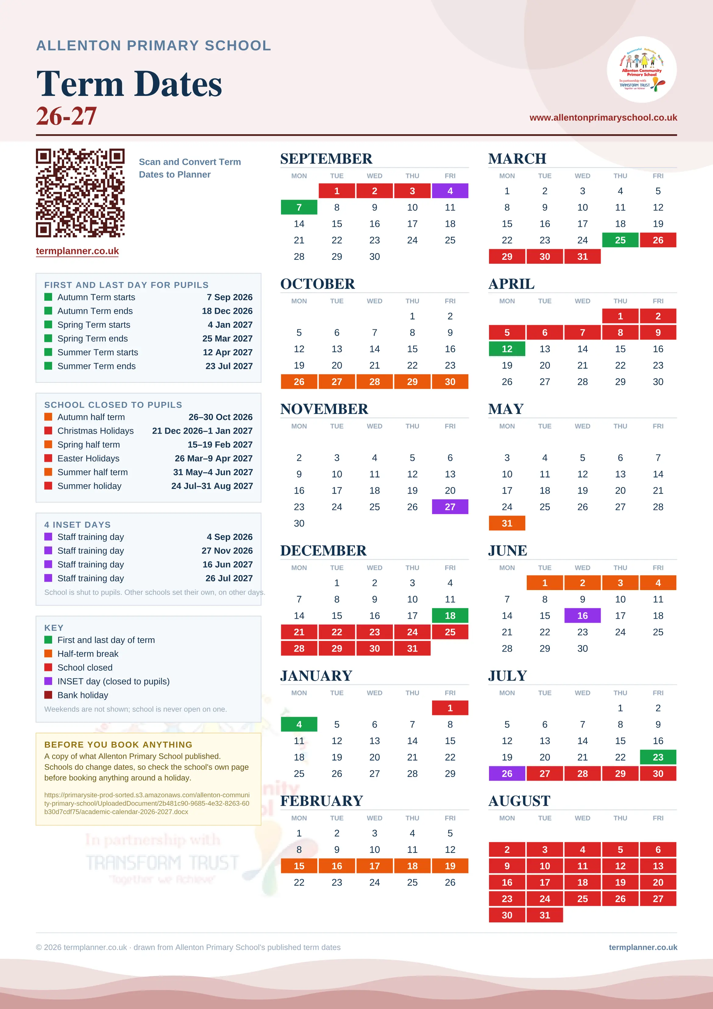 Allenton Primary School’s 2026/27 school year drawn as one sheet: twelve month grids from September to August, Monday to Friday, with autumn term 7 September to 18 December 2026, spring term 4 January to 25 March 2027, summer term 12 April to 23 July 2027. Half terms, holidays and bank holidays are filled in colour, the first and last day of each term is marked, 4 INSET days are picked out, and every date is listed again in words down the left.