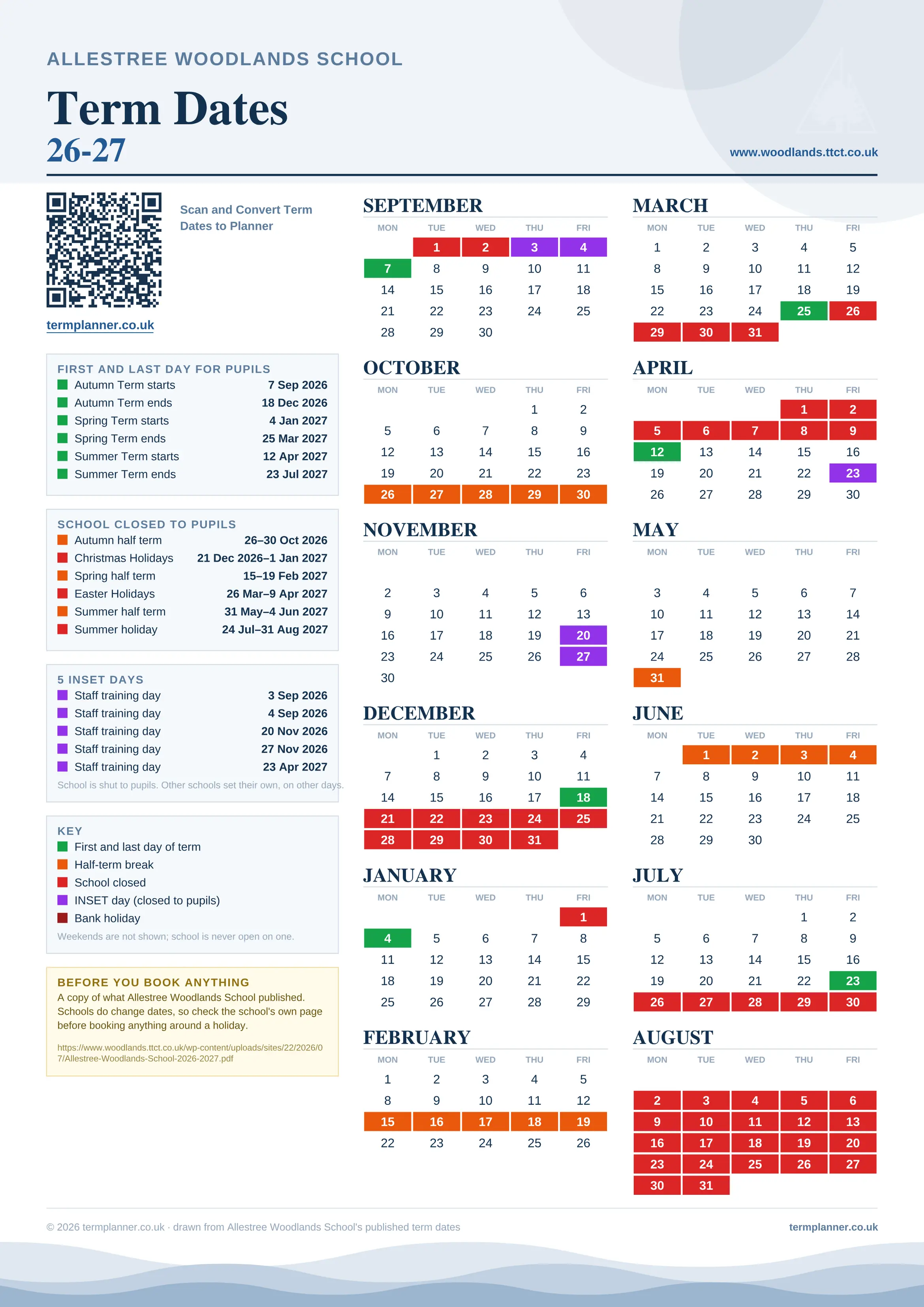 Allestree Woodlands School’s 2026/27 school year drawn as one sheet: twelve month grids from September to August, Monday to Friday, with autumn term 7 September to 18 December 2026, spring term 4 January to 25 March 2027, summer term 12 April to 23 July 2027. Half terms, holidays and bank holidays are filled in colour, the first and last day of each term is marked, 5 INSET days are picked out, and every date is listed again in words down the left.