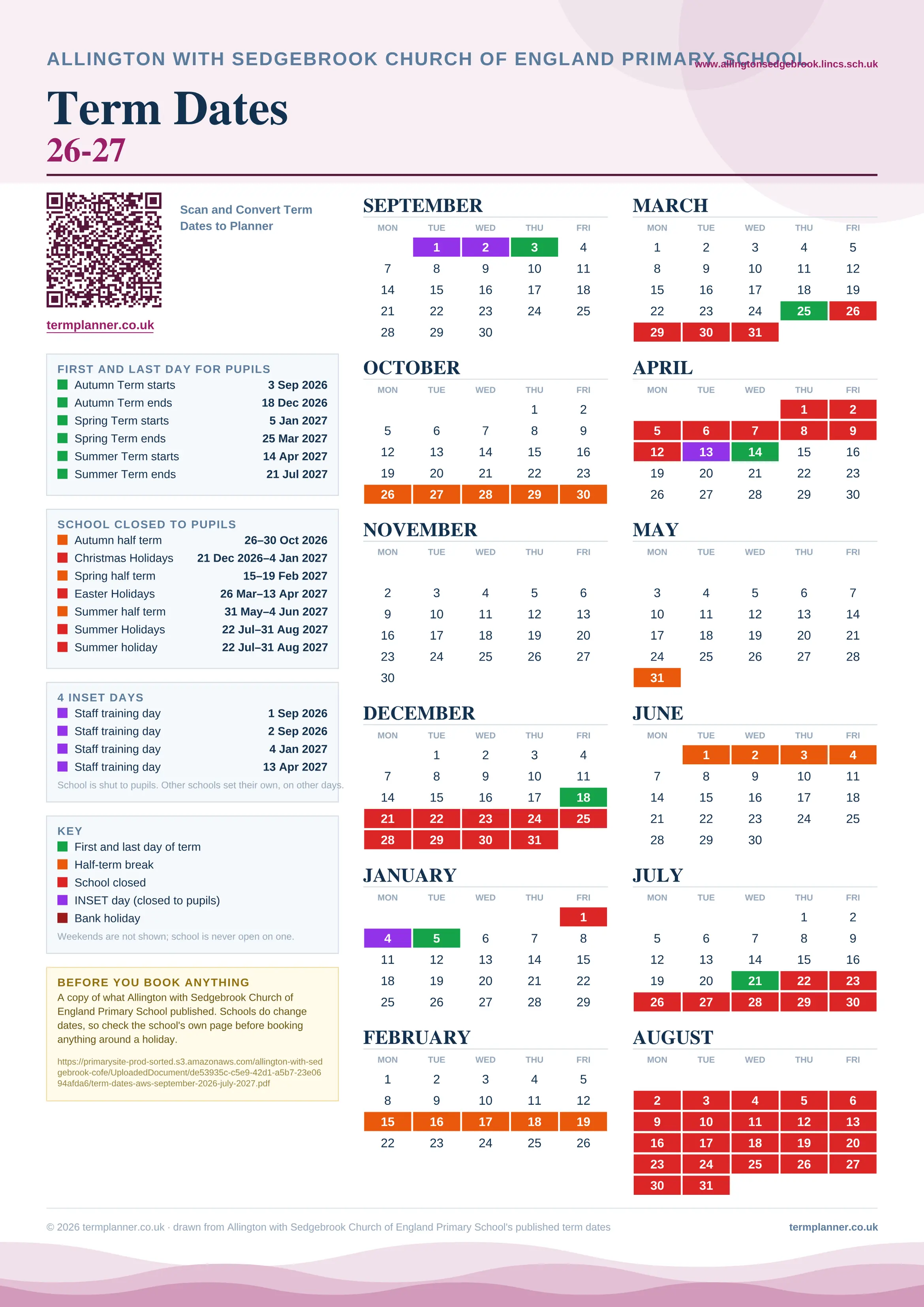 Allington with Sedgebrook Church of England Primary School’s 2026/27 school year drawn as one sheet: twelve month grids from September to August, Monday to Friday, with autumn term 3 September to 18 December 2026, spring term 5 January to 25 March 2027, summer term 14 April to 21 July 2027. Half terms, holidays and bank holidays are filled in colour, the first and last day of each term is marked, 4 INSET days are picked out, and every date is listed again in words down the left.