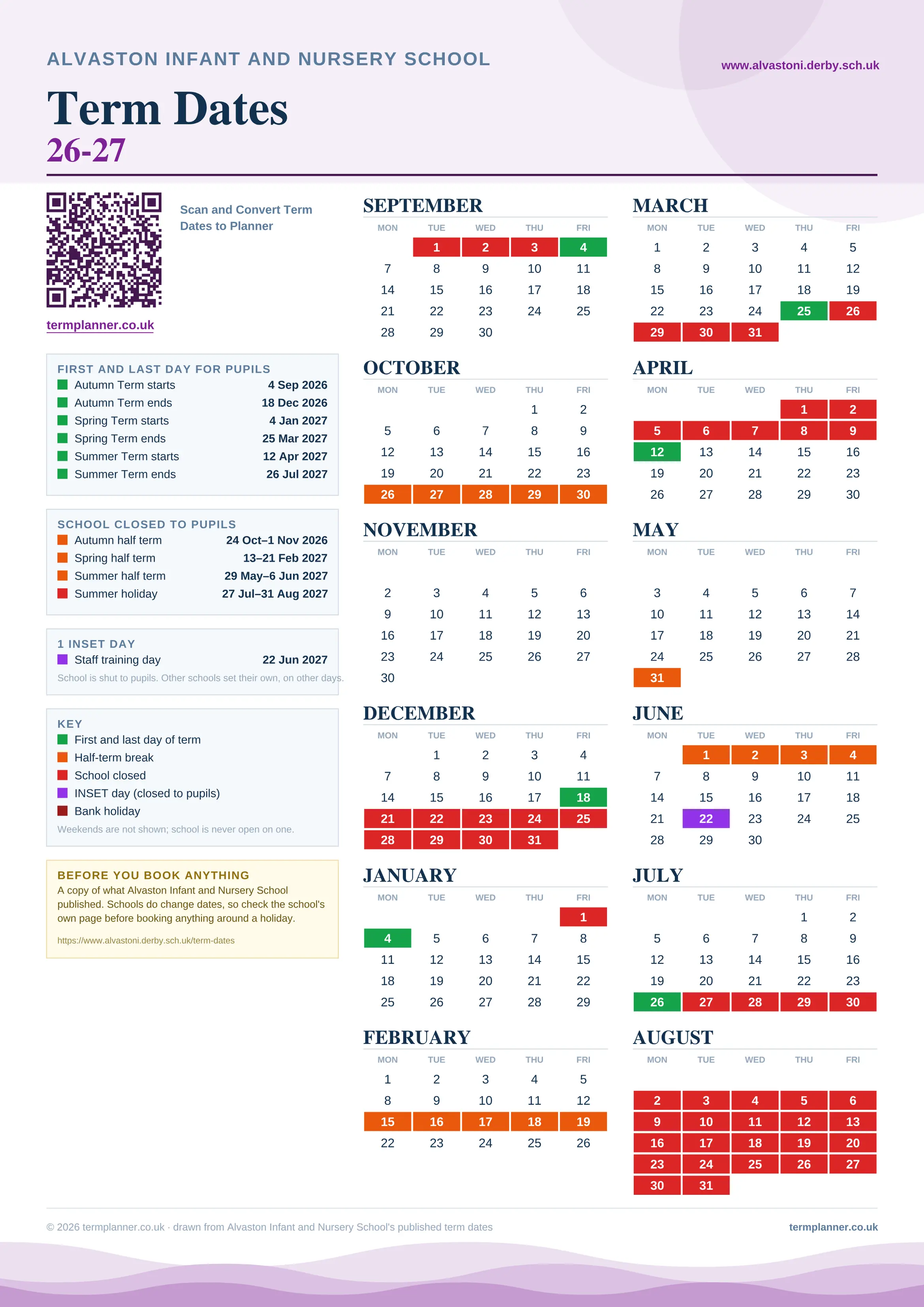 Alvaston Infant and Nursery School’s 2026/27 school year drawn as one sheet: twelve month grids from September to August, Monday to Friday, with autumn term 4 September to 18 December 2026, spring term 4 January to 25 March 2027, summer term 12 April to 26 July 2027. Half terms, holidays and bank holidays are filled in colour, the first and last day of each term is marked, 2 INSET days are picked out, and every date is listed again in words down the left.