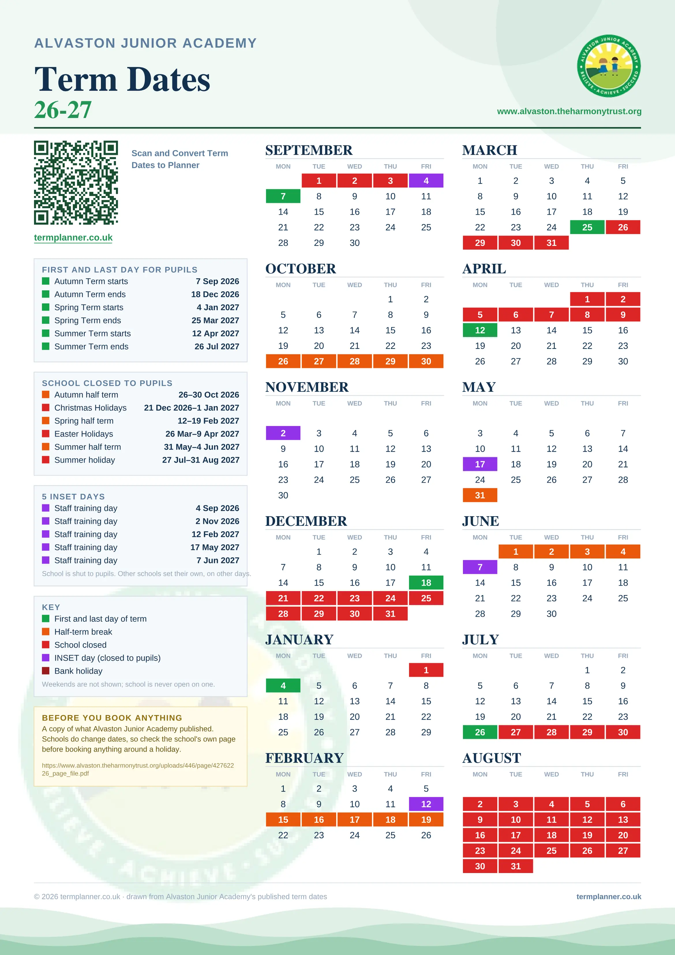 Alvaston Junior Academy’s 2026/27 school year drawn as one sheet: twelve month grids from September to August, Monday to Friday, with autumn term 7 September to 18 December 2026, spring term 4 January to 25 March 2027, summer term 12 April to 26 July 2027. Half terms, holidays and bank holidays are filled in colour, the first and last day of each term is marked, 5 INSET days are picked out, and every date is listed again in words down the left.