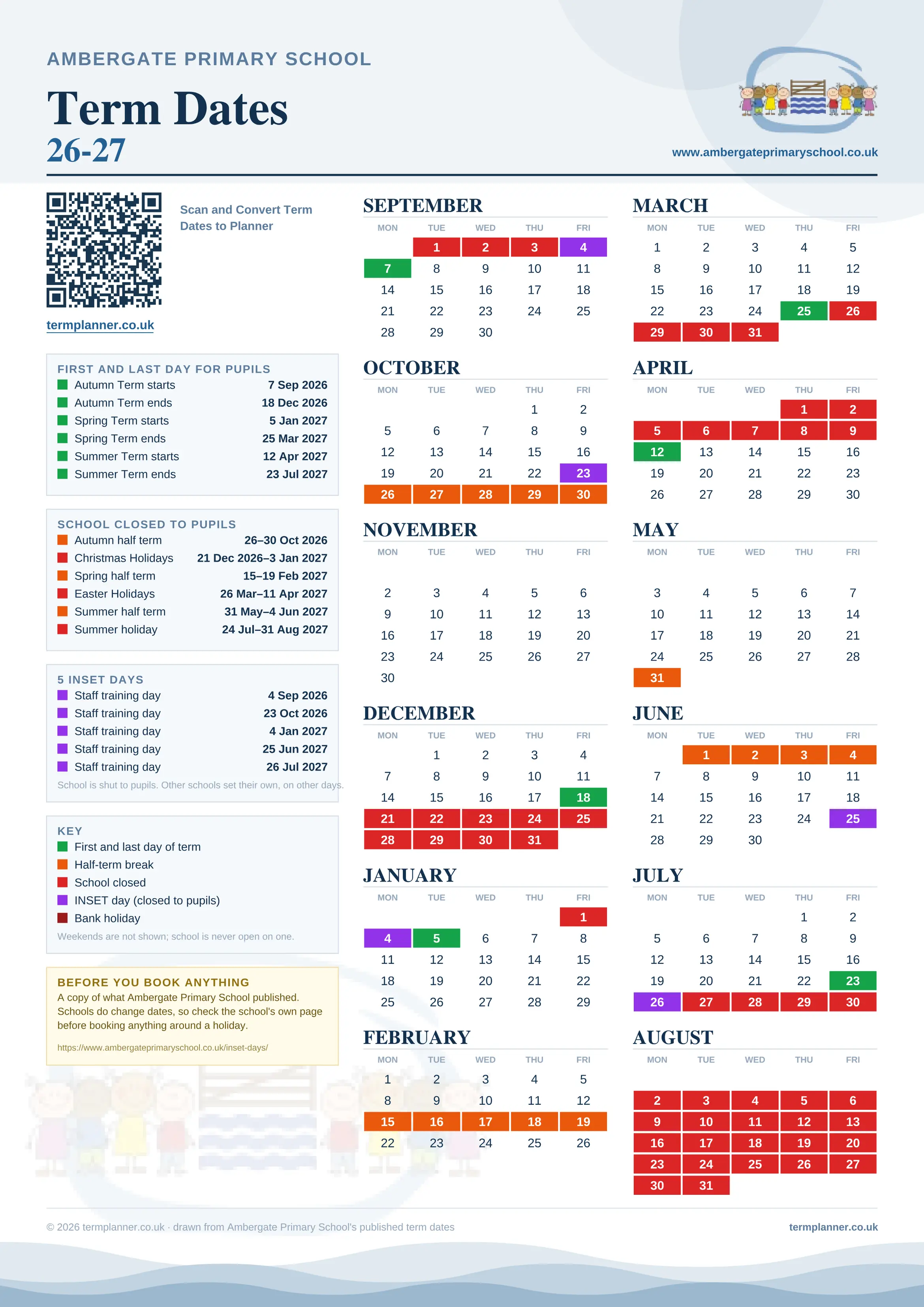 Ambergate Primary School’s 2026/27 school year drawn as one sheet: twelve month grids from September to August, Monday to Friday, with autumn term 7 September to 18 December 2026, spring term 5 January to 25 March 2027, summer term 12 April to 23 July 2027. Half terms, holidays and bank holidays are filled in colour, the first and last day of each term is marked, 5 INSET days are picked out, and every date is listed again in words down the left.