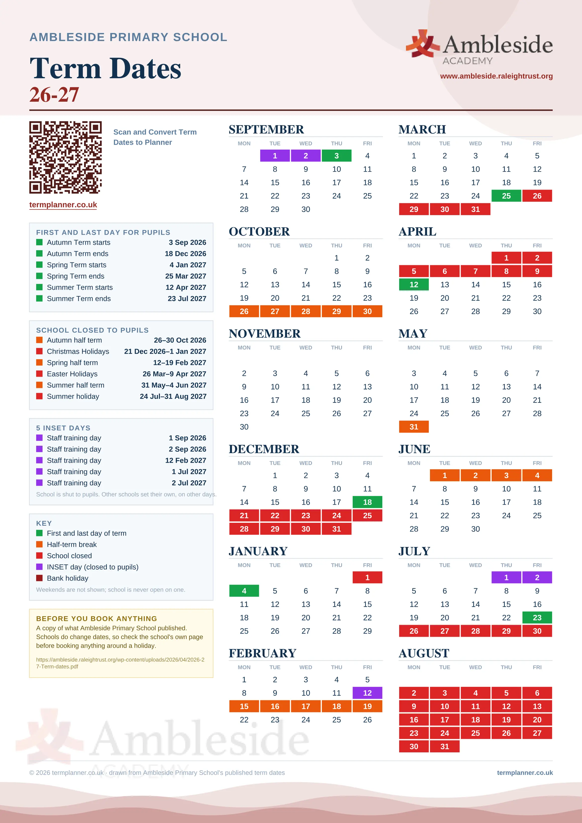 Ambleside Primary School’s 2026/27 school year drawn as one sheet: twelve month grids from September to August, Monday to Friday, with autumn term 3 September to 18 December 2026, spring term 4 January to 25 March 2027, summer term 12 April to 23 July 2027. Half terms, holidays and bank holidays are filled in colour, the first and last day of each term is marked, 5 INSET days are picked out, and every date is listed again in words down the left.