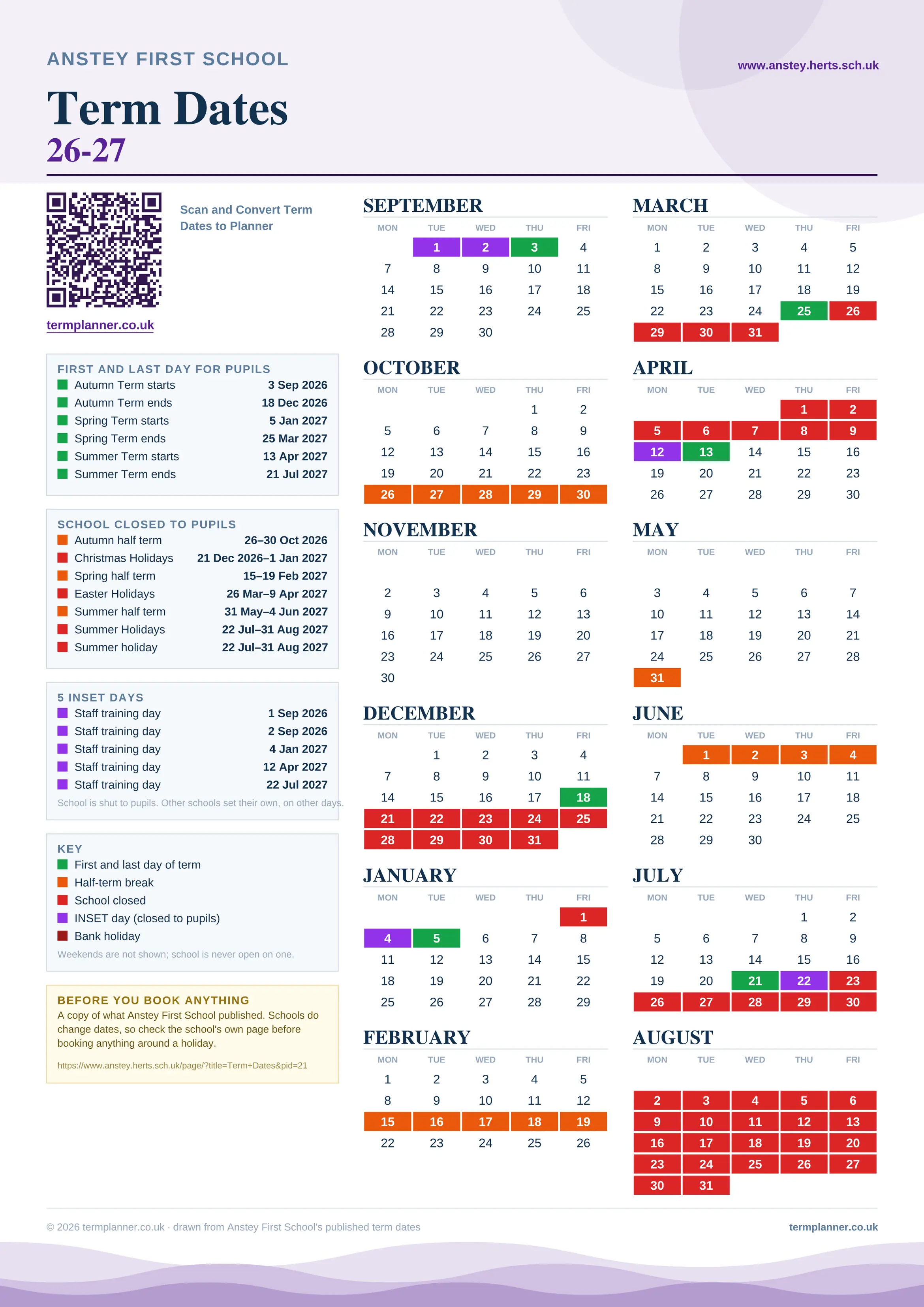 Anstey First School’s 2026/27 school year drawn as one sheet: twelve month grids from September to August, Monday to Friday, with autumn term 3 September to 18 December 2026, spring term 5 January to 25 March 2027, summer term 13 April to 21 July 2027. Half terms, holidays and bank holidays are filled in colour, the first and last day of each term is marked, 5 INSET days are picked out, and every date is listed again in words down the left.