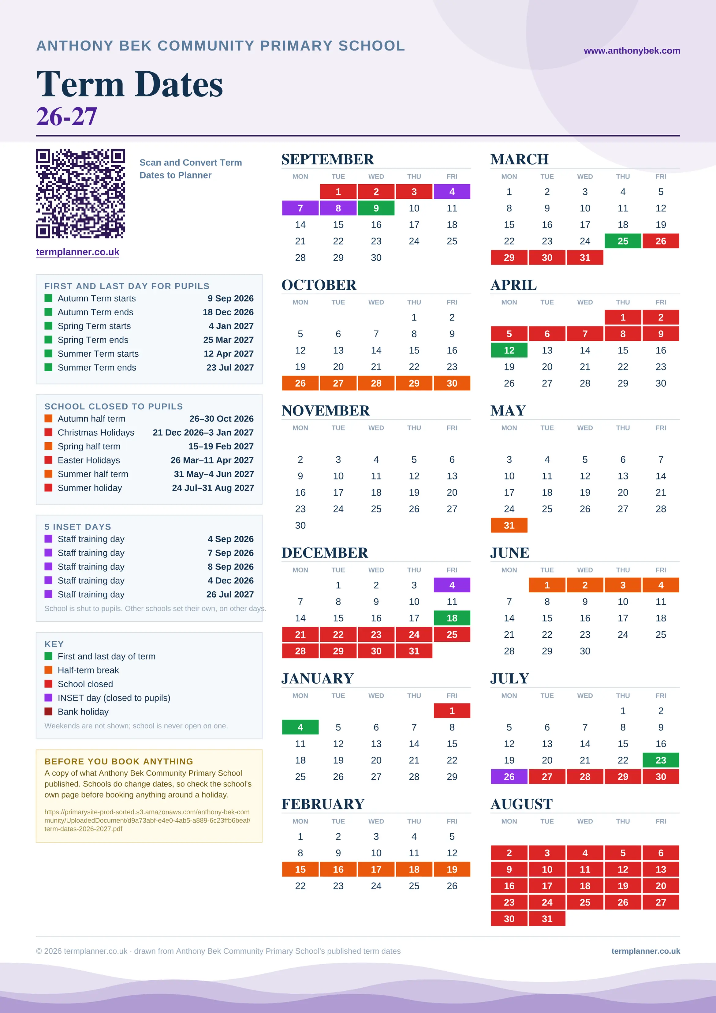 Anthony Bek Community Primary School’s 2026/27 school year drawn as one sheet: twelve month grids from September to August, Monday to Friday, with autumn term 9 September to 18 December 2026, spring term 4 January to 25 March 2027, summer term 12 April to 23 July 2027. Half terms, holidays and bank holidays are filled in colour, the first and last day of each term is marked, 5 INSET days are picked out, and every date is listed again in words down the left.