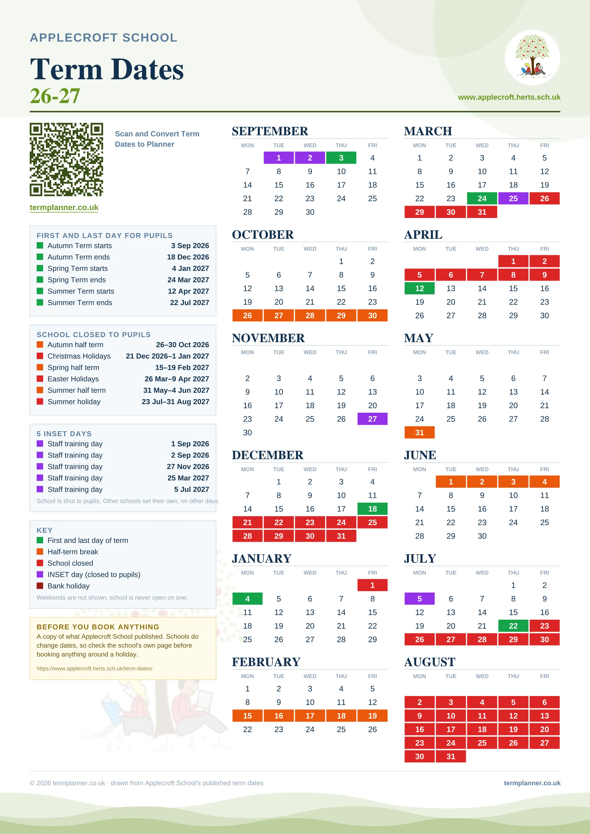 Applecroft School’s 2026/27 school year drawn as one sheet: twelve month grids from September to August, Monday to Friday, with autumn term 3 September to 18 December 2026, spring term 4 January to 24 March 2027, summer term 12 April to 22 July 2027. Half terms, holidays and bank holidays are filled in colour, the first and last day of each term is marked, 5 INSET days are picked out, and every date is listed again in words down the left.