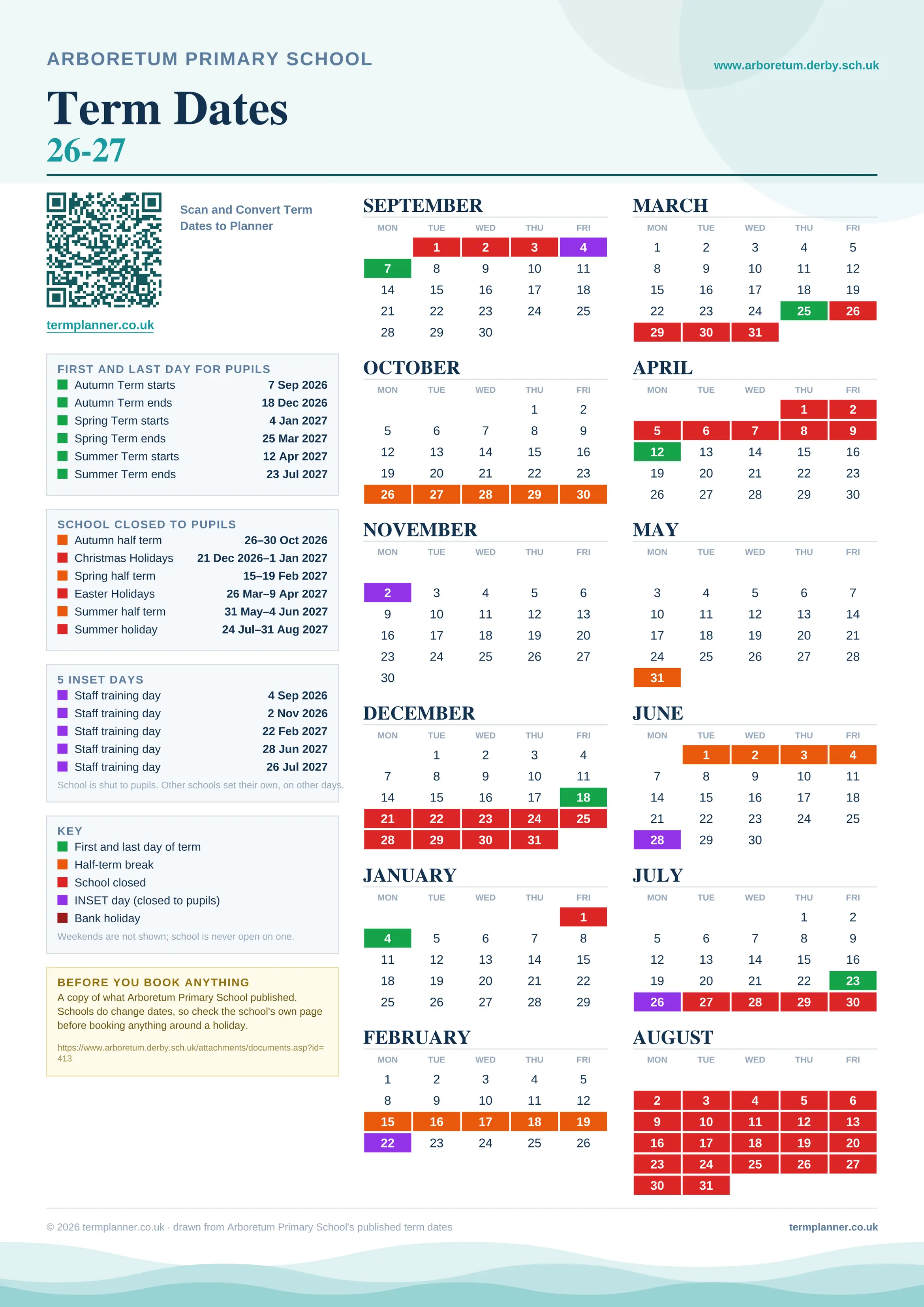 Arboretum Primary School’s 2026/27 school year drawn as one sheet: twelve month grids from September to August, Monday to Friday, with autumn term 7 September to 18 December 2026, spring term 4 January to 25 March 2027, summer term 12 April to 23 July 2027. Half terms, holidays and bank holidays are filled in colour, the first and last day of each term is marked, 5 INSET days are picked out, and every date is listed again in words down the left.