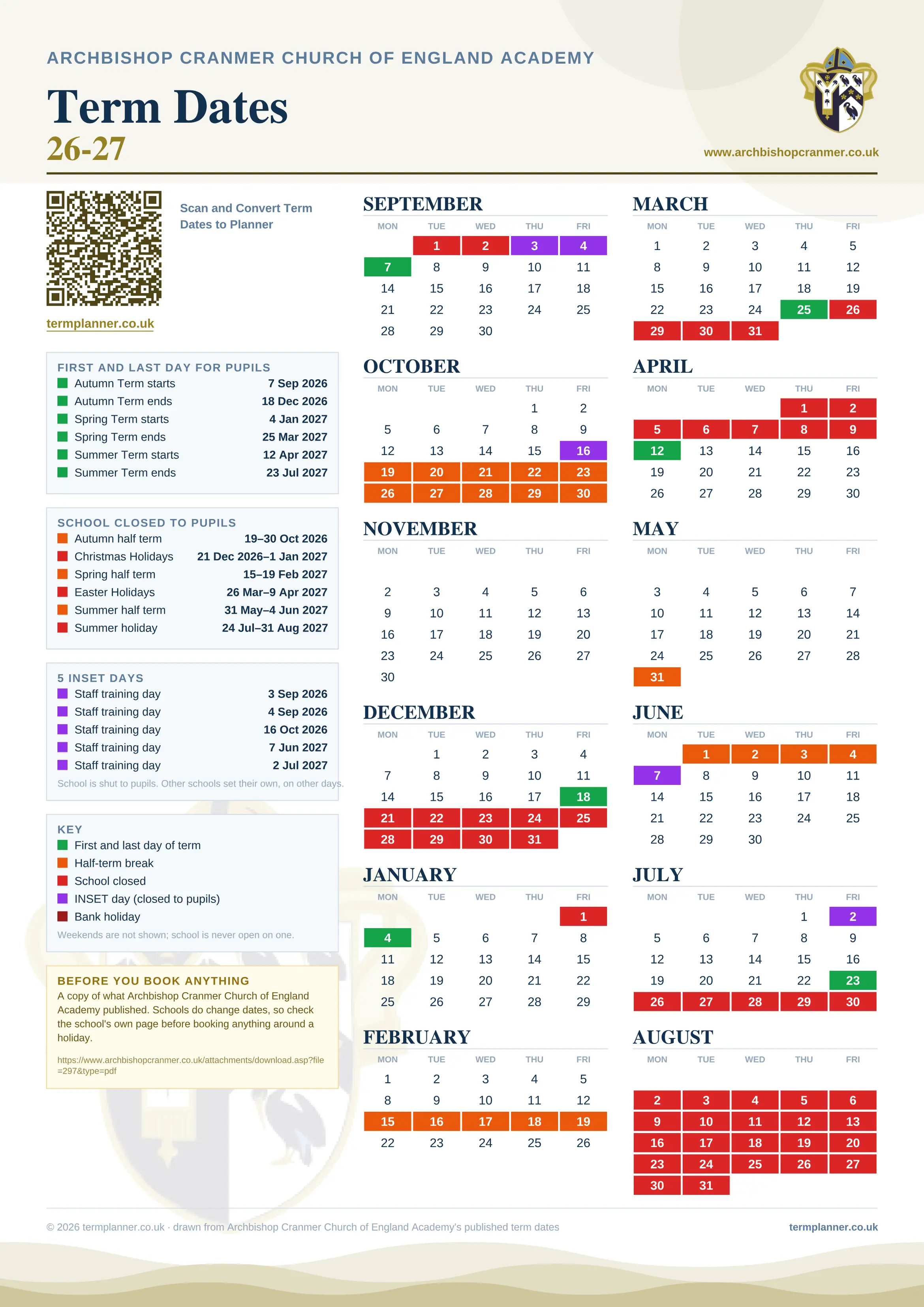 Archbishop Cranmer Church of England Academy’s 2026/27 school year drawn as one sheet: twelve month grids from September to August, Monday to Friday, with autumn term 7 September to 18 December 2026, spring term 4 January to 25 March 2027, summer term 12 April to 23 July 2027. Half terms, holidays and bank holidays are filled in colour, the first and last day of each term is marked, 5 INSET days are picked out, and every date is listed again in words down the left.