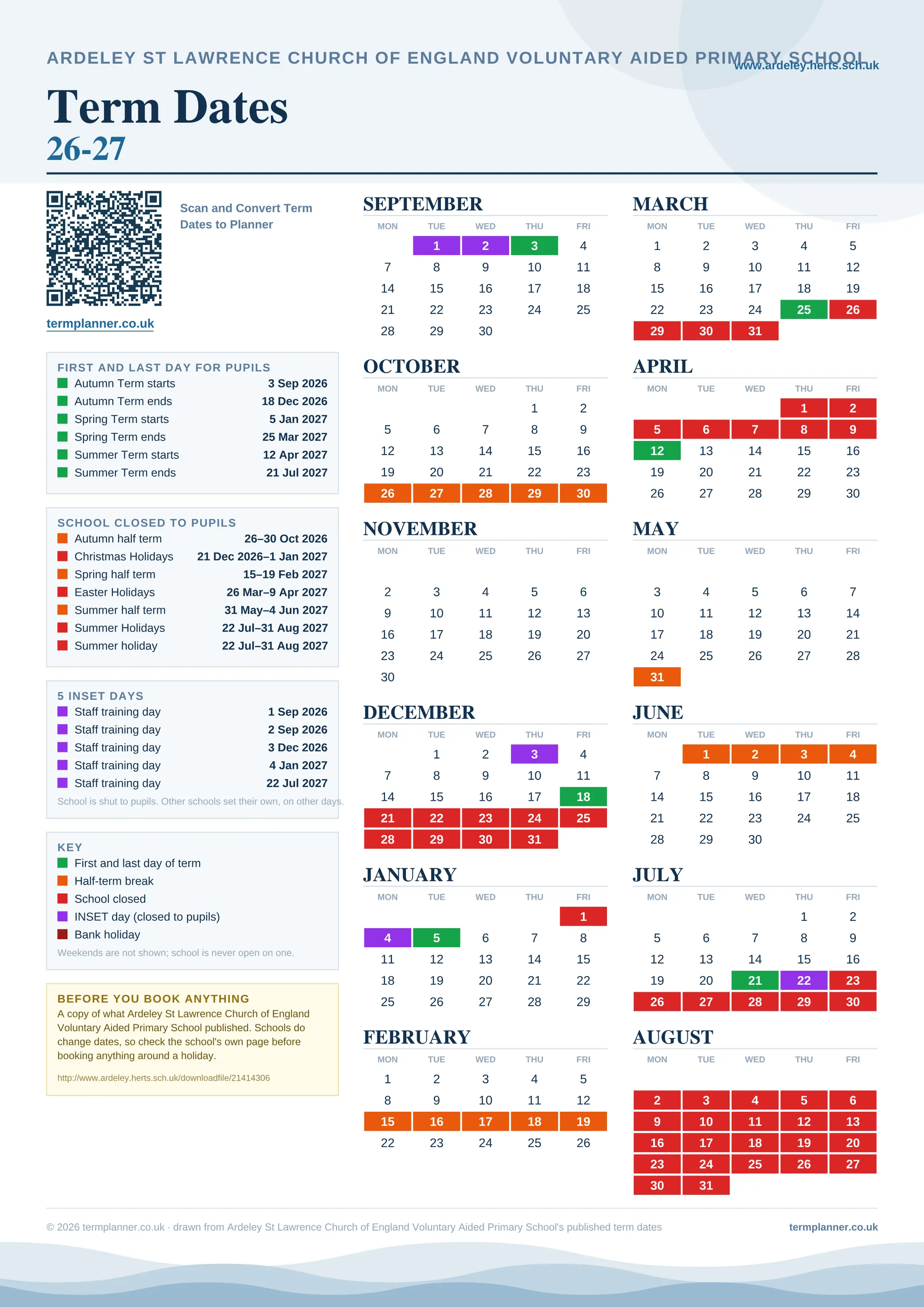 Ardeley St Lawrence Church of England Voluntary Aided Primary School’s 2026/27 school year drawn as one sheet: twelve month grids from September to August, Monday to Friday, with autumn term 3 September to 18 December 2026, spring term 5 January to 25 March 2027, summer term 12 April to 21 July 2027. Half terms, holidays and bank holidays are filled in colour, the first and last day of each term is marked, 5 INSET days are picked out, and every date is listed again in words down the left.