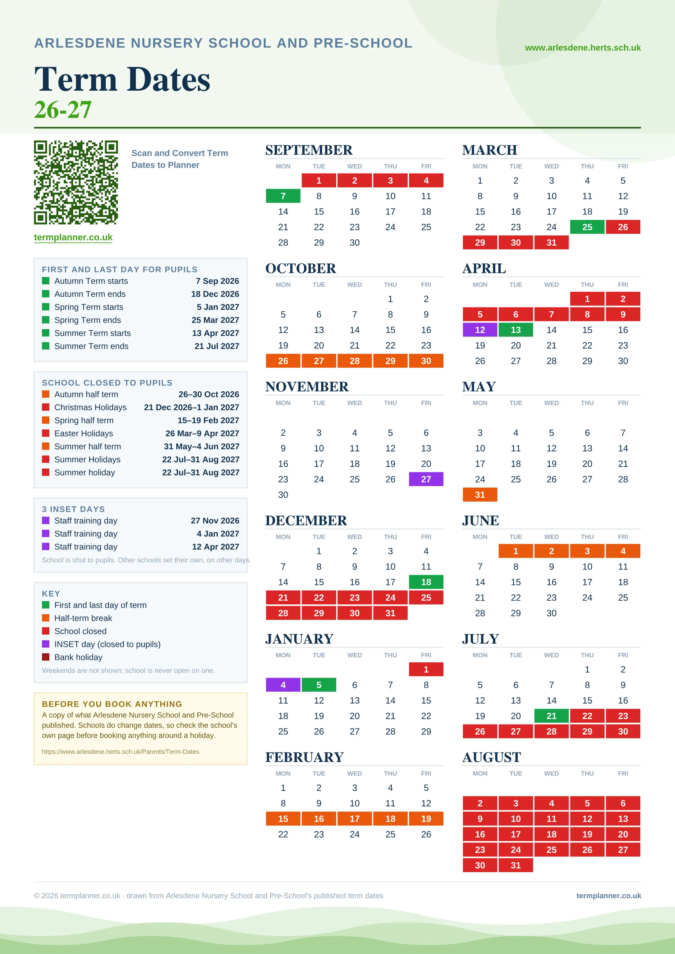 Arlesdene Nursery School and Pre-School’s 2026/27 school year drawn as one sheet: twelve month grids from September to August, Monday to Friday, with autumn term 7 September to 18 December 2026, spring term 5 January to 25 March 2027, summer term 13 April to 21 July 2027. Half terms, holidays and bank holidays are filled in colour, the first and last day of each term is marked, 3 INSET days are picked out, and every date is listed again in words down the left.