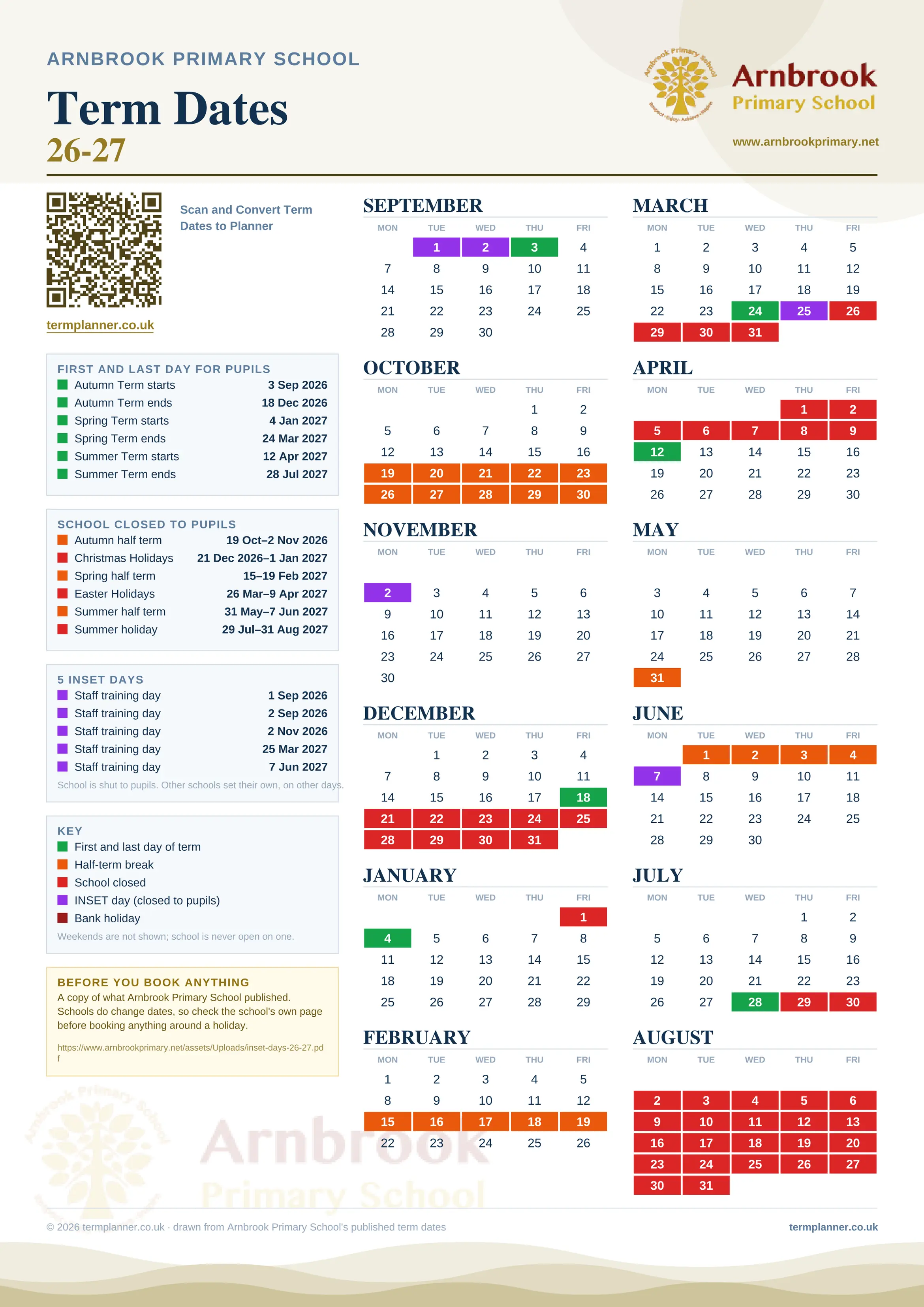 Arnbrook Primary School’s 2026/27 school year drawn as one sheet: twelve month grids from September to August, Monday to Friday, with autumn term 3 September to 18 December 2026, spring term 4 January to 24 March 2027, summer term 12 April to 28 July 2027. Half terms, holidays and bank holidays are filled in colour, the first and last day of each term is marked, 5 INSET days are picked out, and every date is listed again in words down the left.