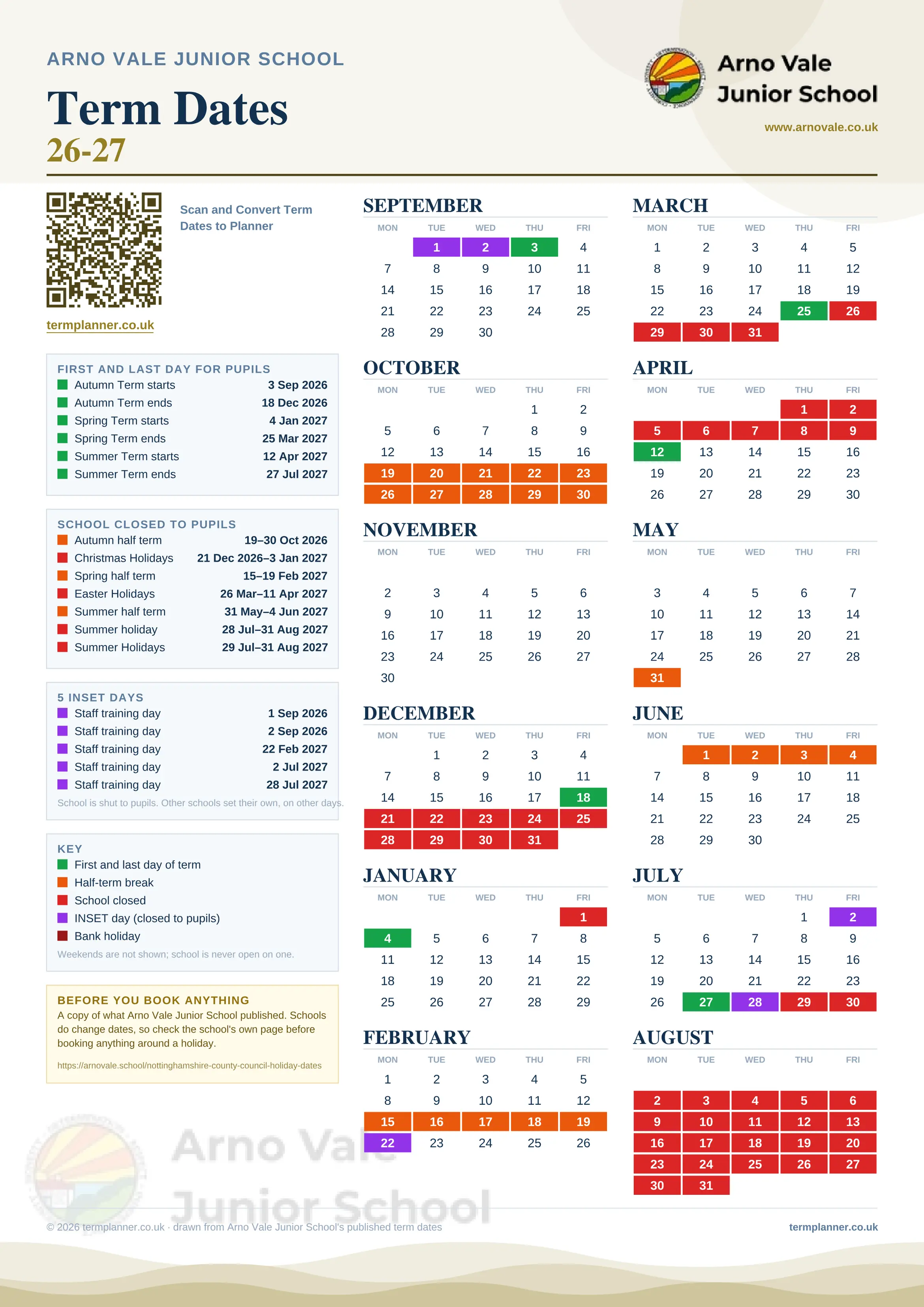 Arno Vale Junior School’s 2026/27 school year drawn as one sheet: twelve month grids from September to August, Monday to Friday, with autumn term 3 September to 18 December 2026, spring term 4 January to 25 March 2027, summer term 12 April to 27 July 2027. Half terms, holidays and bank holidays are filled in colour, the first and last day of each term is marked, 5 INSET days are picked out, and every date is listed again in words down the left.
