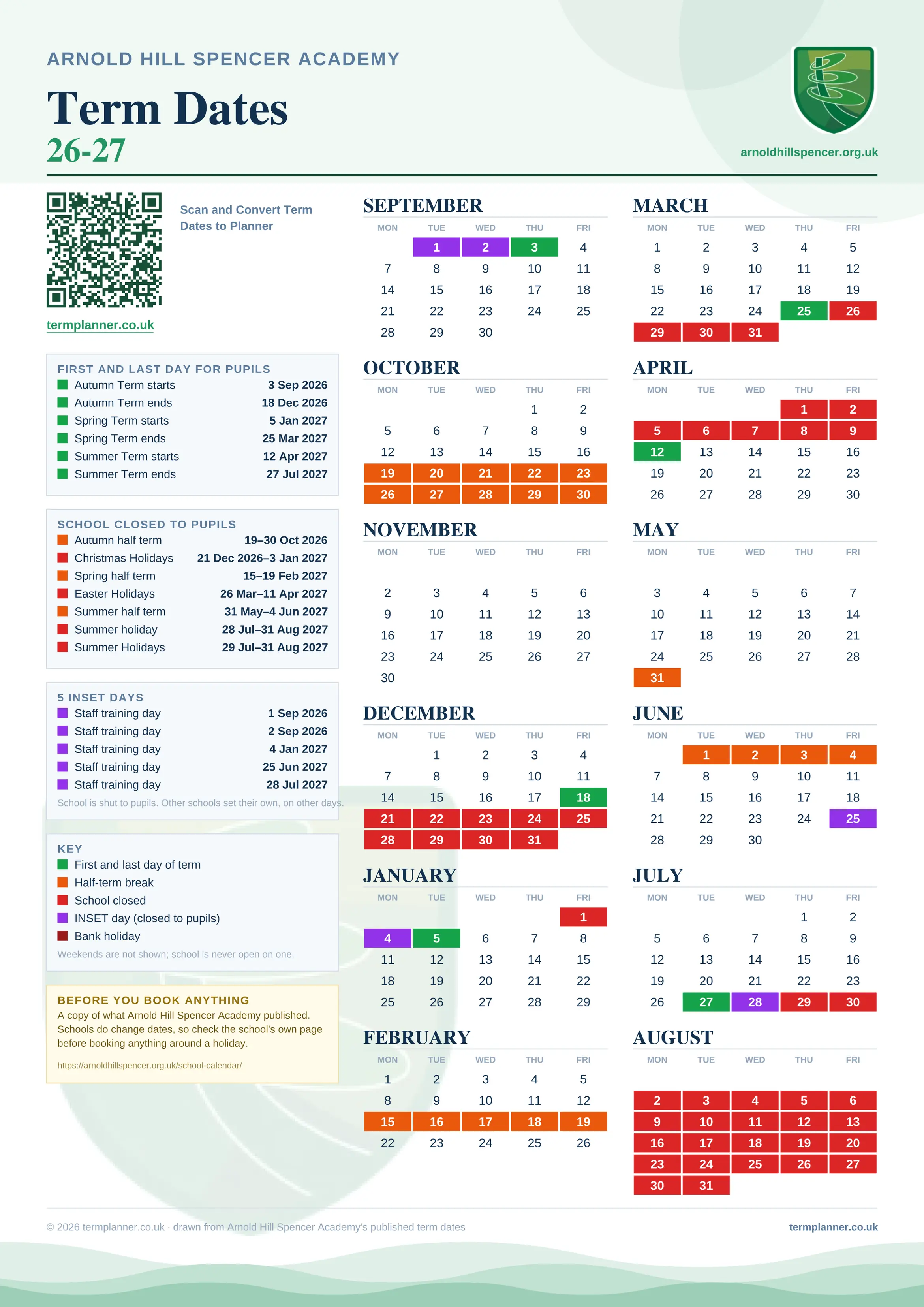 Arnold Hill Spencer Academy’s 2026/27 school year drawn as one sheet: twelve month grids from September to August, Monday to Friday, with autumn term 3 September to 18 December 2026, spring term 5 January to 25 March 2027, summer term 12 April to 27 July 2027. Half terms, holidays and bank holidays are filled in colour, the first and last day of each term is marked, 5 INSET days are picked out, and every date is listed again in words down the left.