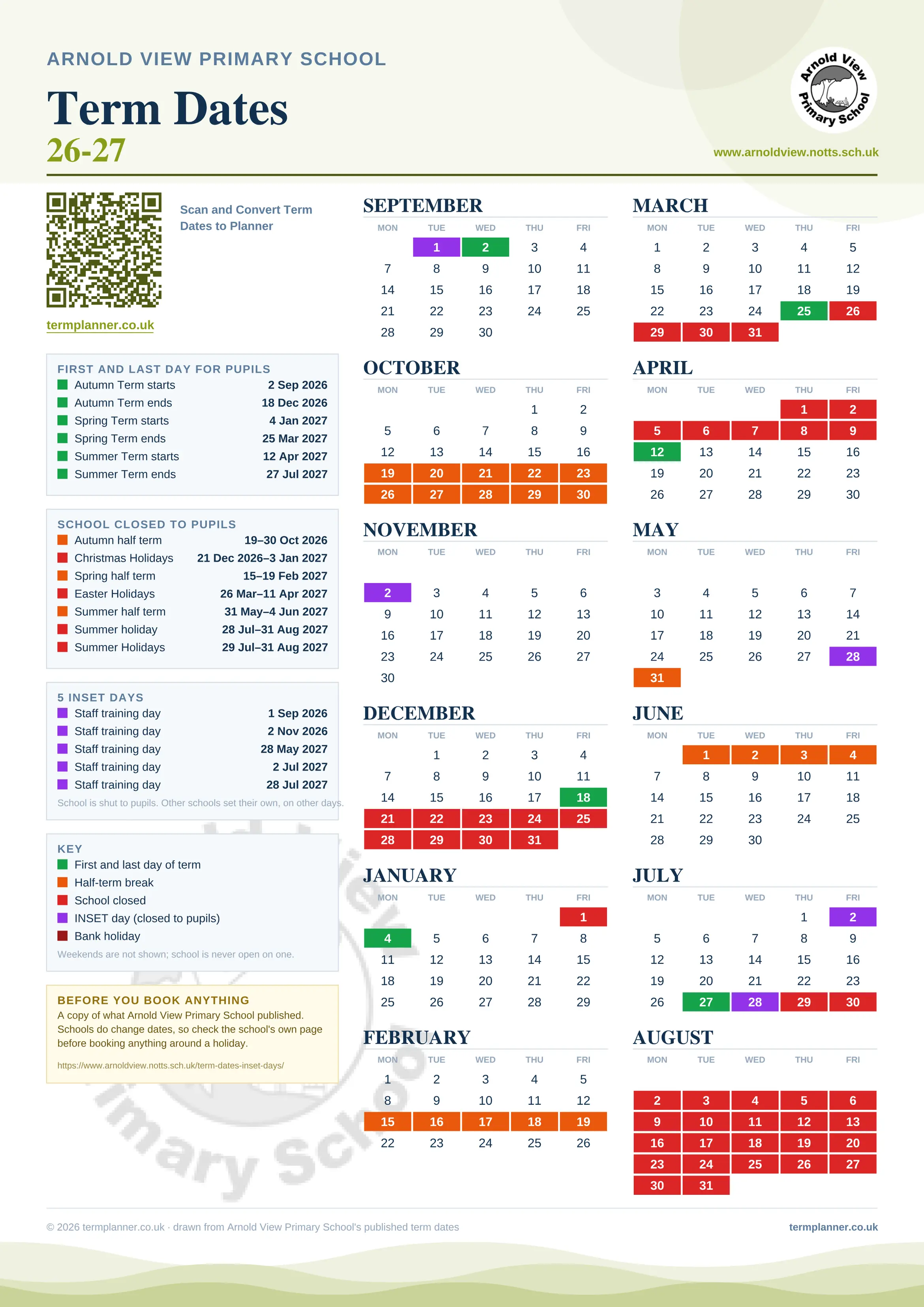 Arnold View Primary School’s 2026/27 school year drawn as one sheet: twelve month grids from September to August, Monday to Friday, with autumn term 2 September to 18 December 2026, spring term 4 January to 25 March 2027, summer term 12 April to 27 July 2027. Half terms, holidays and bank holidays are filled in colour, the first and last day of each term is marked, 5 INSET days are picked out, and every date is listed again in words down the left.
