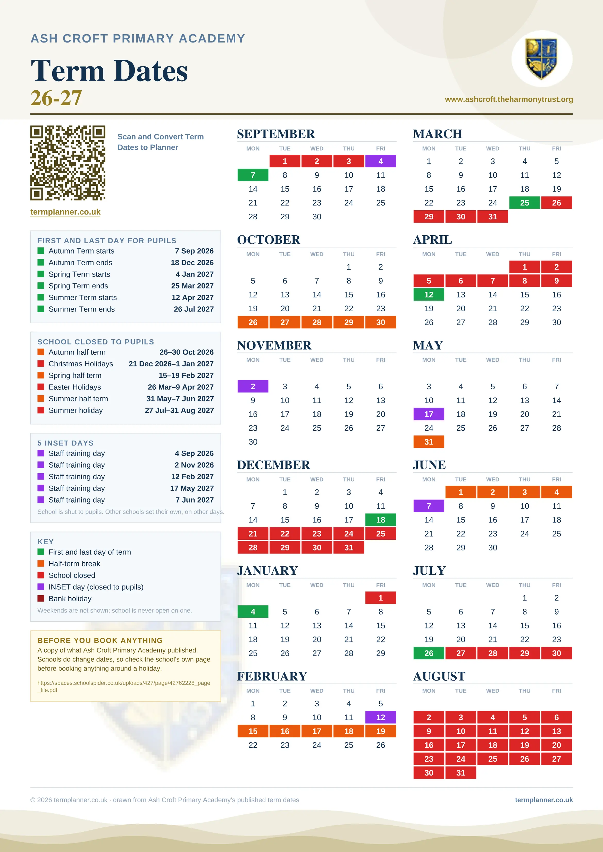 Ash Croft Primary Academy’s 2026/27 school year drawn as one sheet: twelve month grids from September to August, Monday to Friday, with autumn term 7 September to 18 December 2026, spring term 4 January to 25 March 2027, summer term 12 April to 26 July 2027. Half terms, holidays and bank holidays are filled in colour, the first and last day of each term is marked, 5 INSET days are picked out, and every date is listed again in words down the left.