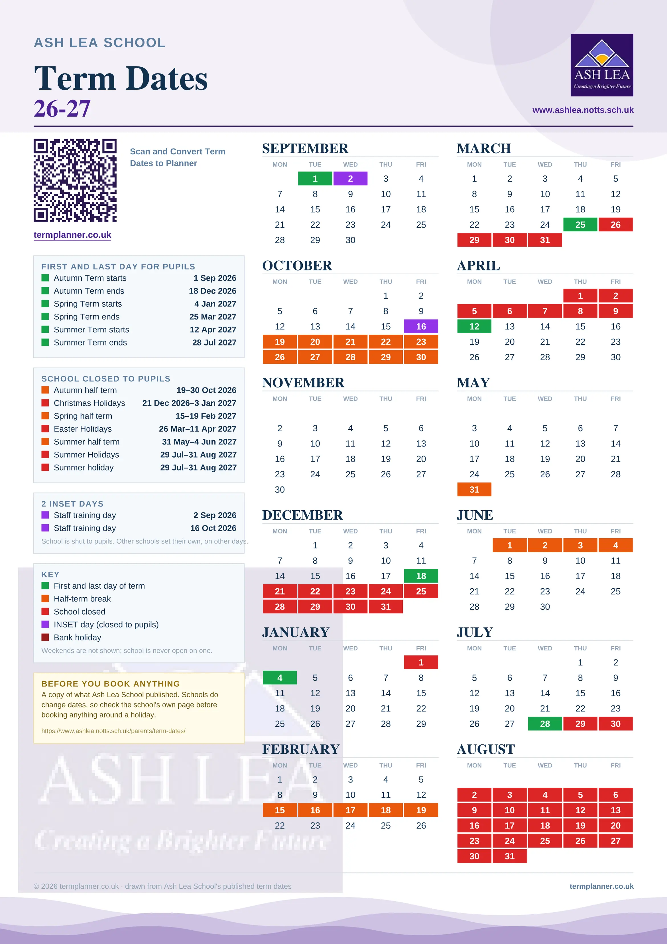 Ash Lea School’s 2026/27 school year drawn as one sheet: twelve month grids from September to August, Monday to Friday, with autumn term 1 September to 18 December 2026, spring term 4 January to 25 March 2027, summer term 12 April to 28 July 2027. Half terms, holidays and bank holidays are filled in colour, the first and last day of each term is marked, 2 INSET days are picked out, and every date is listed again in words down the left.
