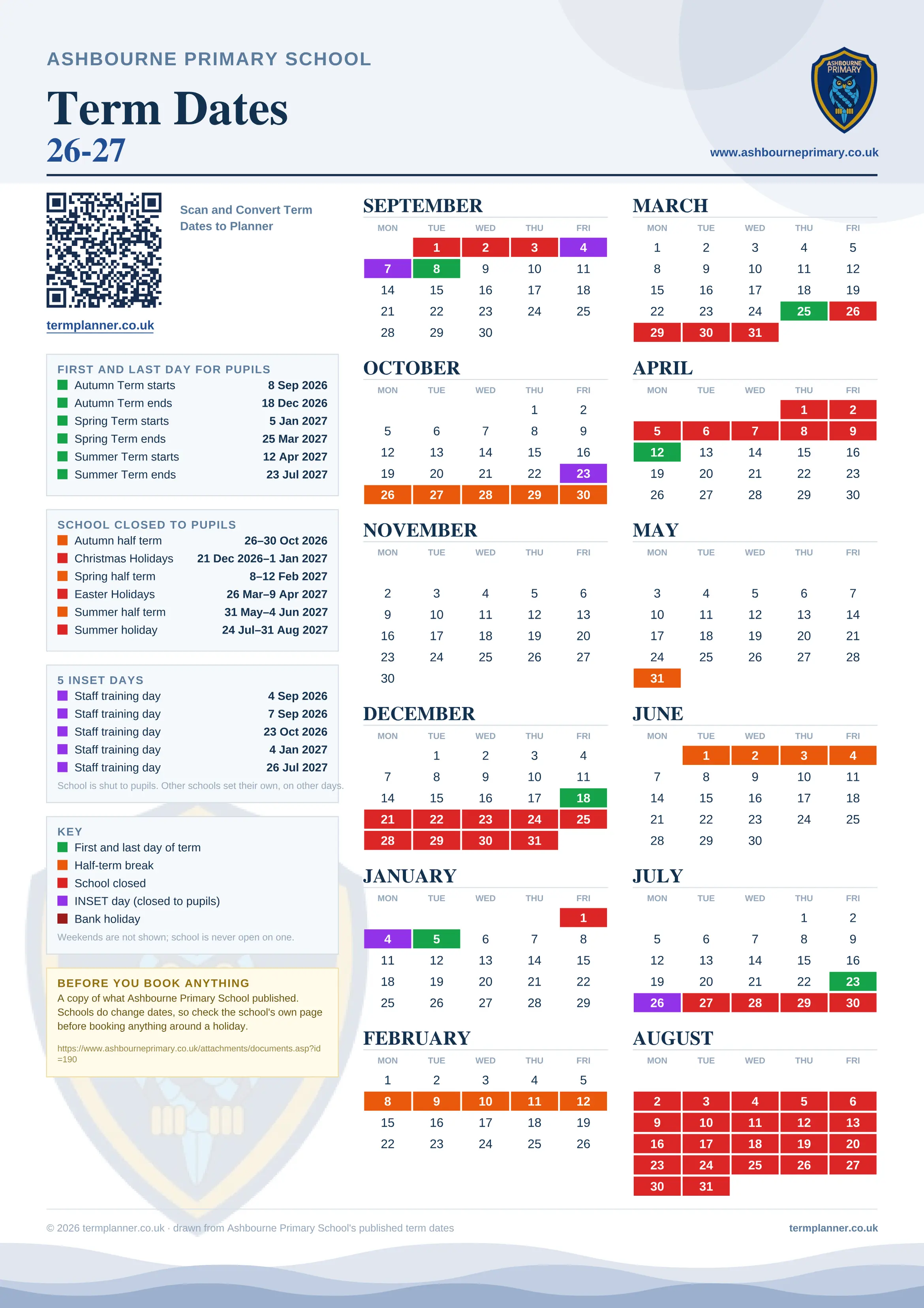 Ashbourne Primary School’s 2026/27 school year drawn as one sheet: twelve month grids from September to August, Monday to Friday, with autumn term 8 September to 18 December 2026, spring term 5 January to 25 March 2027, summer term 12 April to 23 July 2027. Half terms, holidays and bank holidays are filled in colour, the first and last day of each term is marked, 5 INSET days are picked out, and every date is listed again in words down the left.