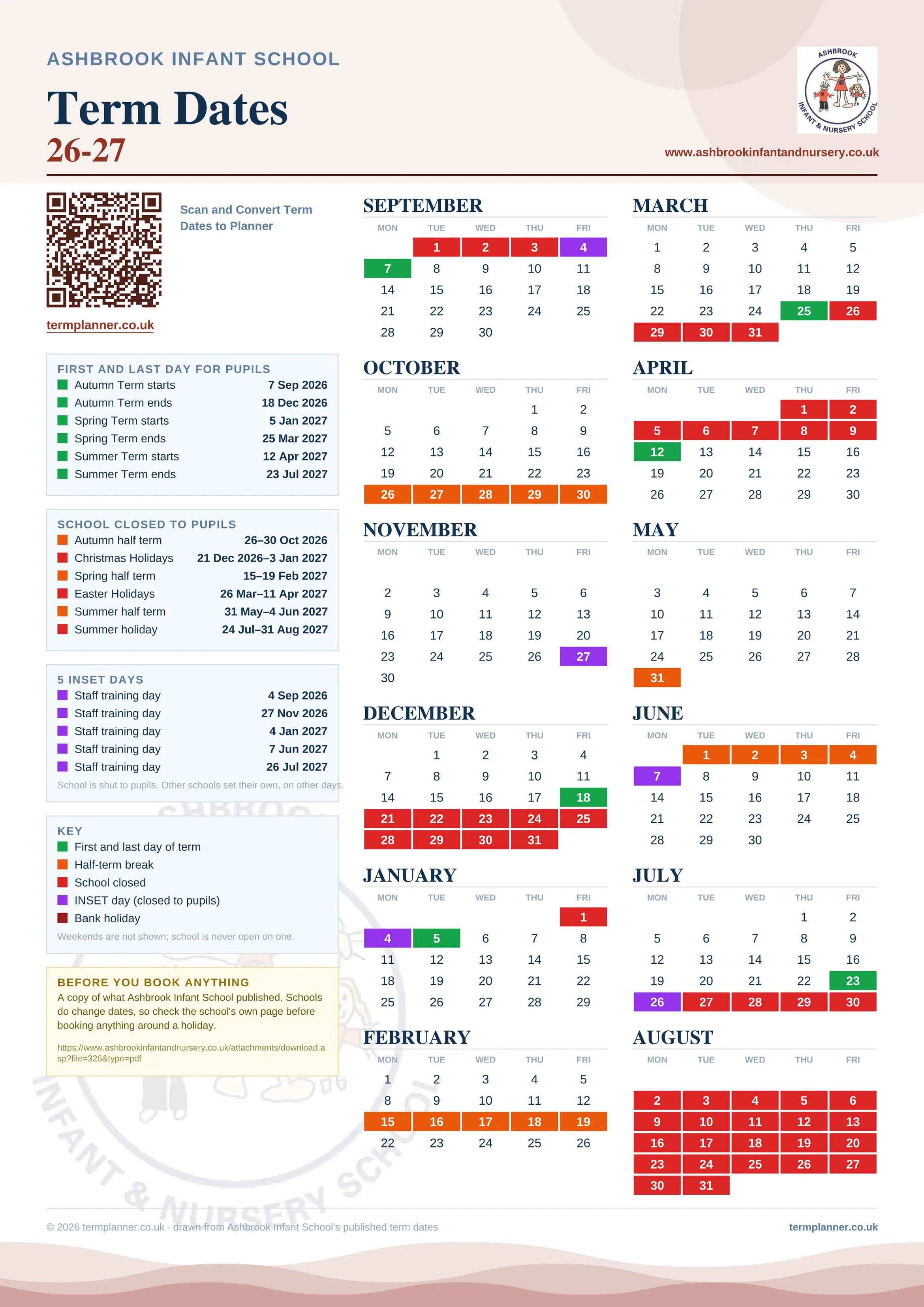 Ashbrook Infant School’s 2026/27 school year drawn as one sheet: twelve month grids from September to August, Monday to Friday, with autumn term 7 September to 18 December 2026, spring term 5 January to 25 March 2027, summer term 12 April to 23 July 2027. Half terms, holidays and bank holidays are filled in colour, the first and last day of each term is marked, 5 INSET days are picked out, and every date is listed again in words down the left.