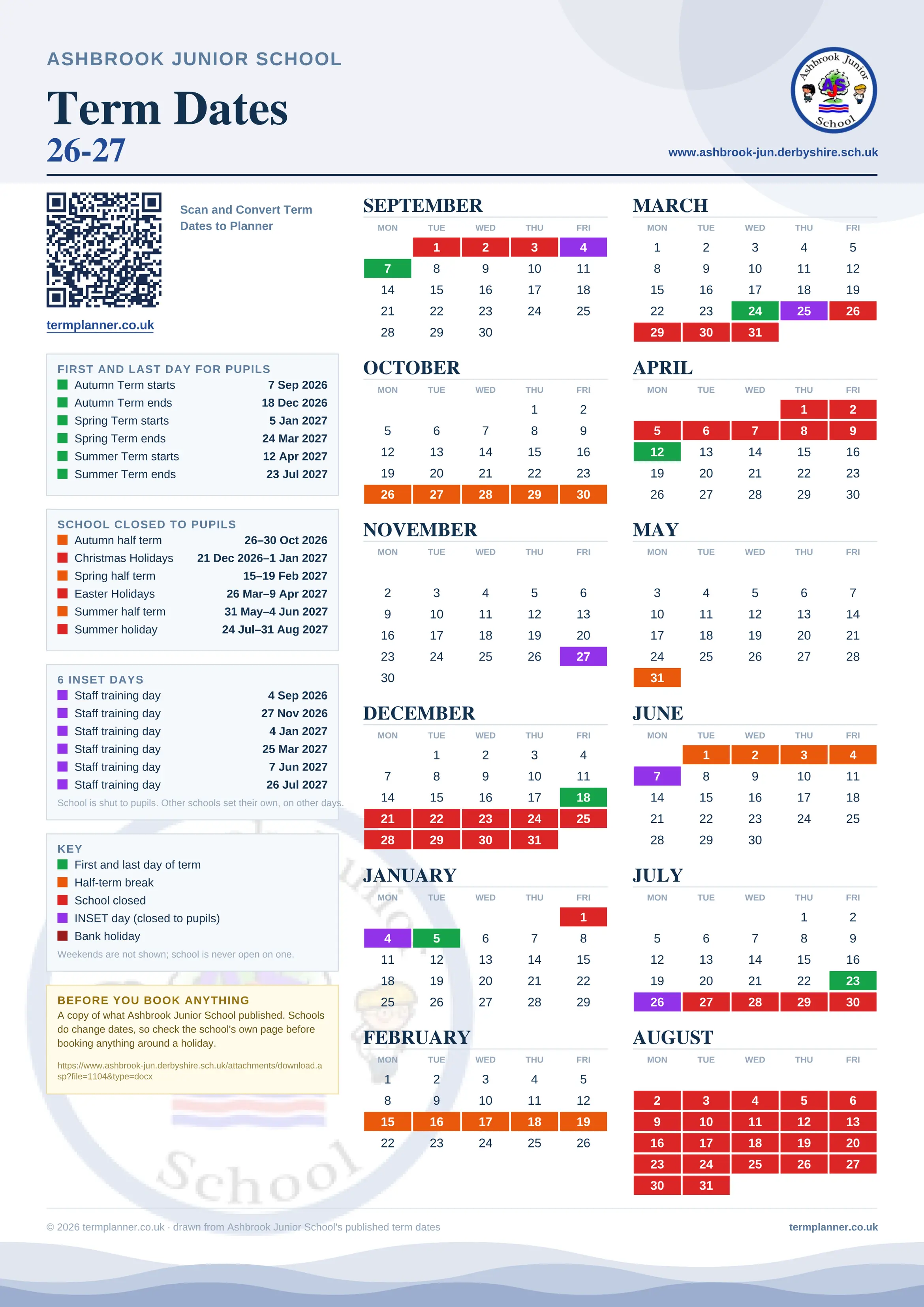 Ashbrook Junior School’s 2026/27 school year drawn as one sheet: twelve month grids from September to August, Monday to Friday, with autumn term 7 September to 18 December 2026, spring term 5 January to 24 March 2027, summer term 12 April to 23 July 2027. Half terms, holidays and bank holidays are filled in colour, the first and last day of each term is marked, 6 INSET days are picked out, and every date is listed again in words down the left.