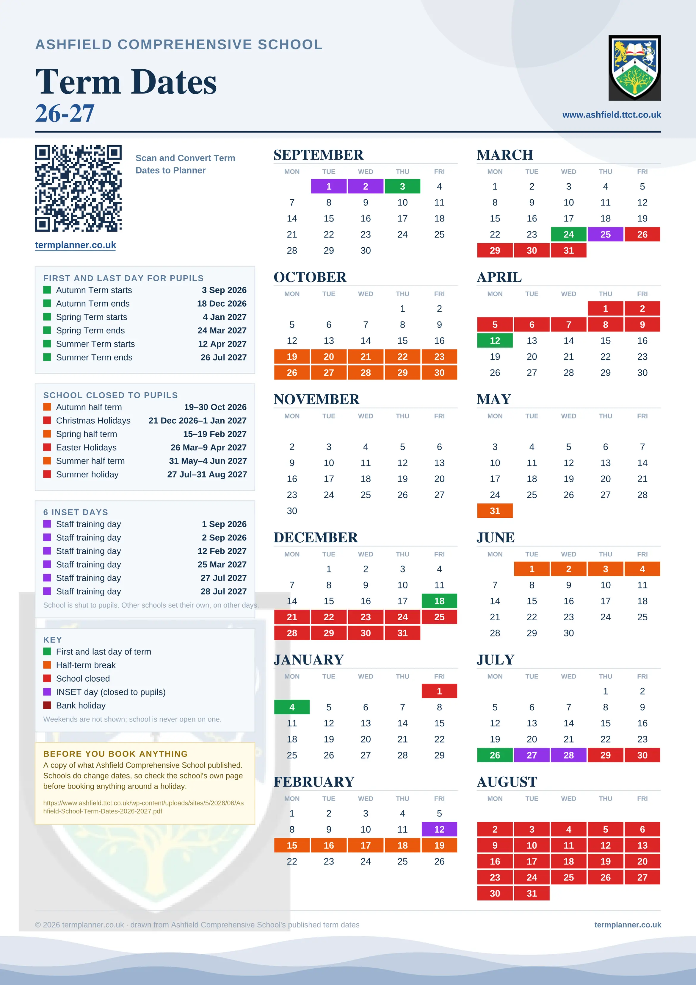 Ashfield Comprehensive School’s 2026/27 school year drawn as one sheet: twelve month grids from September to August, Monday to Friday, with autumn term 3 September to 18 December 2026, spring term 4 January to 24 March 2027, summer term 12 April to 26 July 2027. Half terms, holidays and bank holidays are filled in colour, the first and last day of each term is marked, 6 INSET days are picked out, and every date is listed again in words down the left.