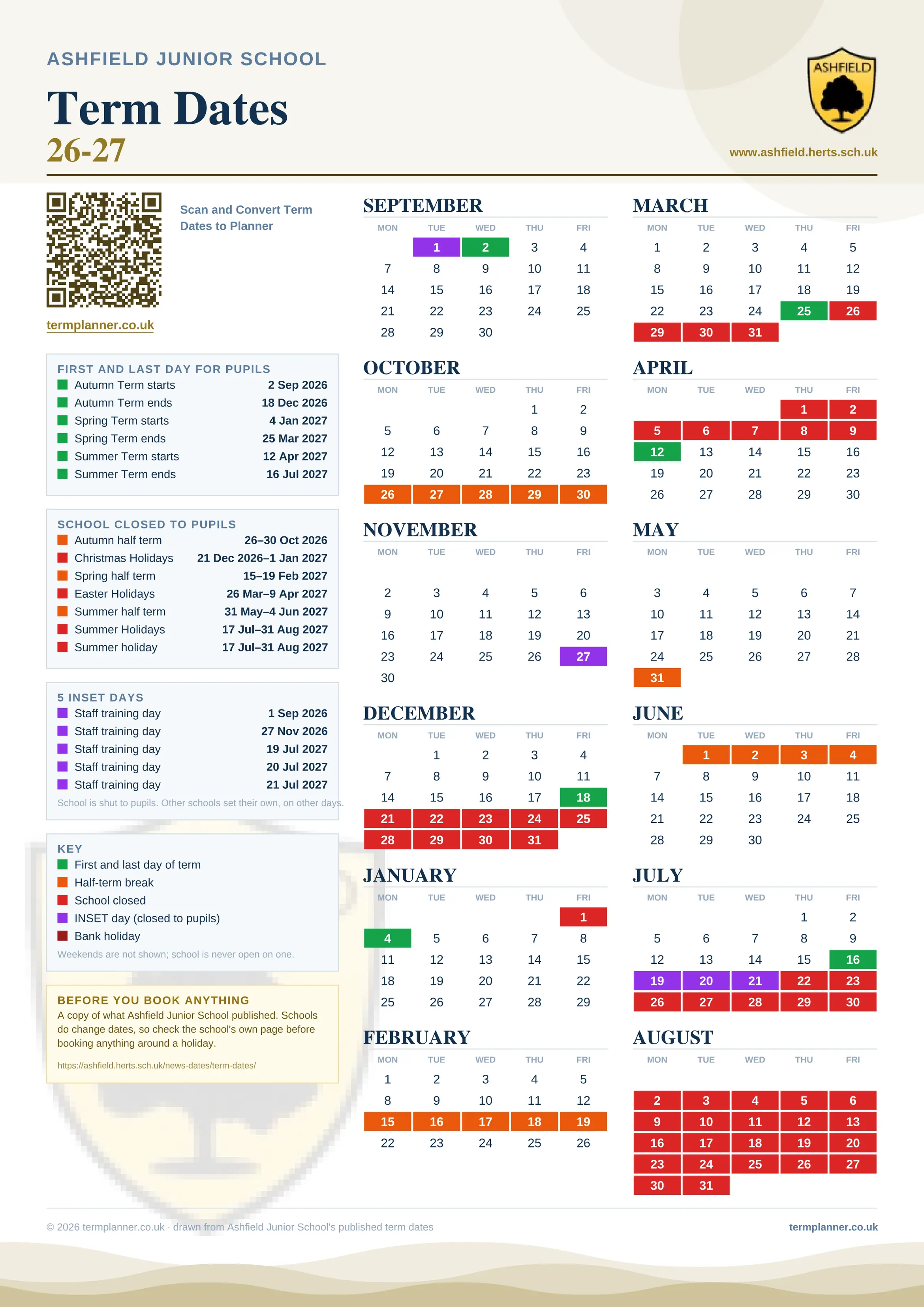 Ashfield Junior School’s 2026/27 school year drawn as one sheet: twelve month grids from September to August, Monday to Friday, with autumn term 2 September to 18 December 2026, spring term 4 January to 25 March 2027, summer term 12 April to 16 July 2027. Half terms, holidays and bank holidays are filled in colour, the first and last day of each term is marked, 5 INSET days are picked out, and every date is listed again in words down the left.