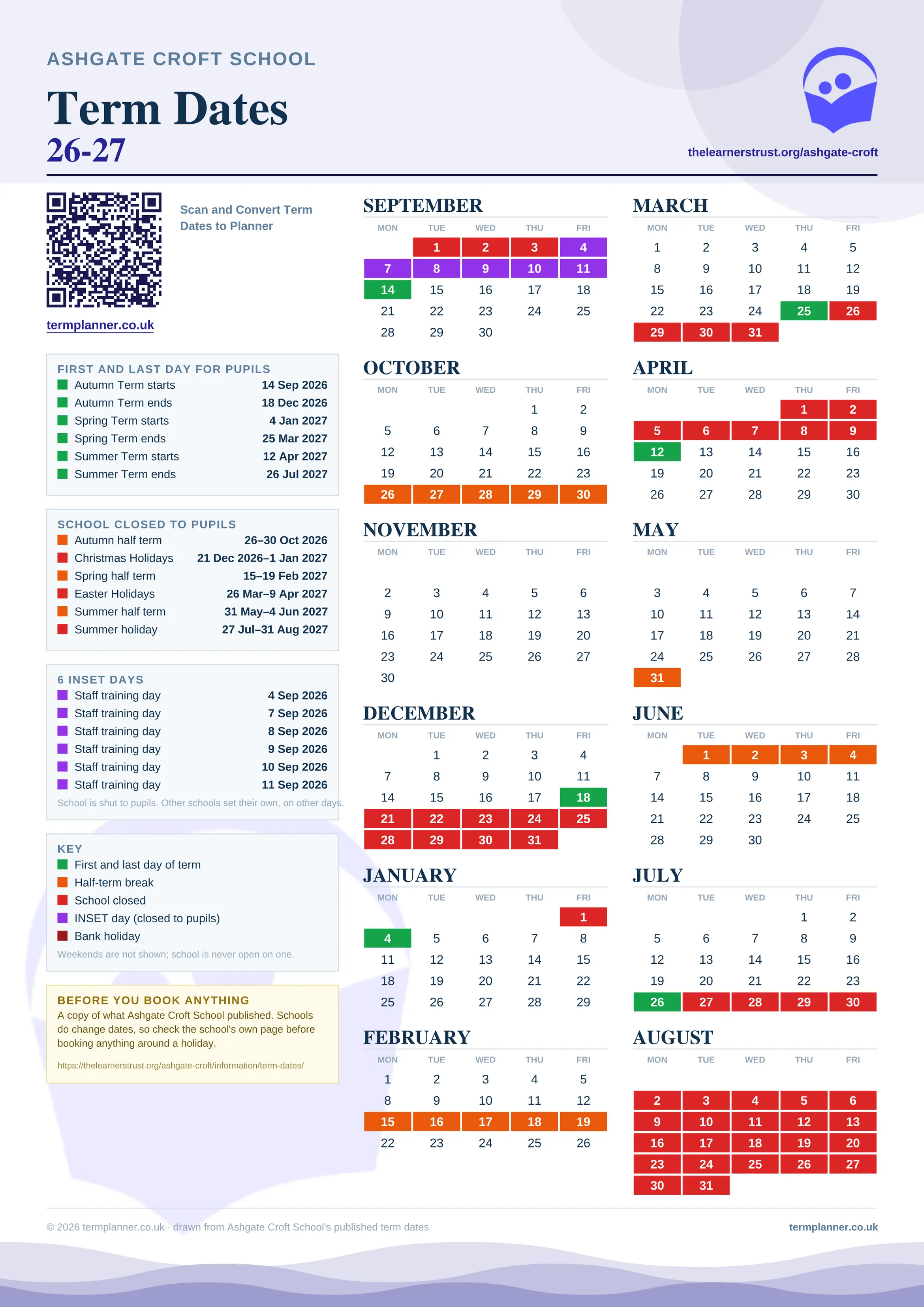 Ashgate Croft School’s 2026/27 school year drawn as one sheet: twelve month grids from September to August, Monday to Friday, with autumn term 14 September to 18 December 2026, spring term 4 January to 25 March 2027, summer term 12 April to 26 July 2027. Half terms, holidays and bank holidays are filled in colour, the first and last day of each term is marked, 6 INSET days are picked out, and every date is listed again in words down the left.