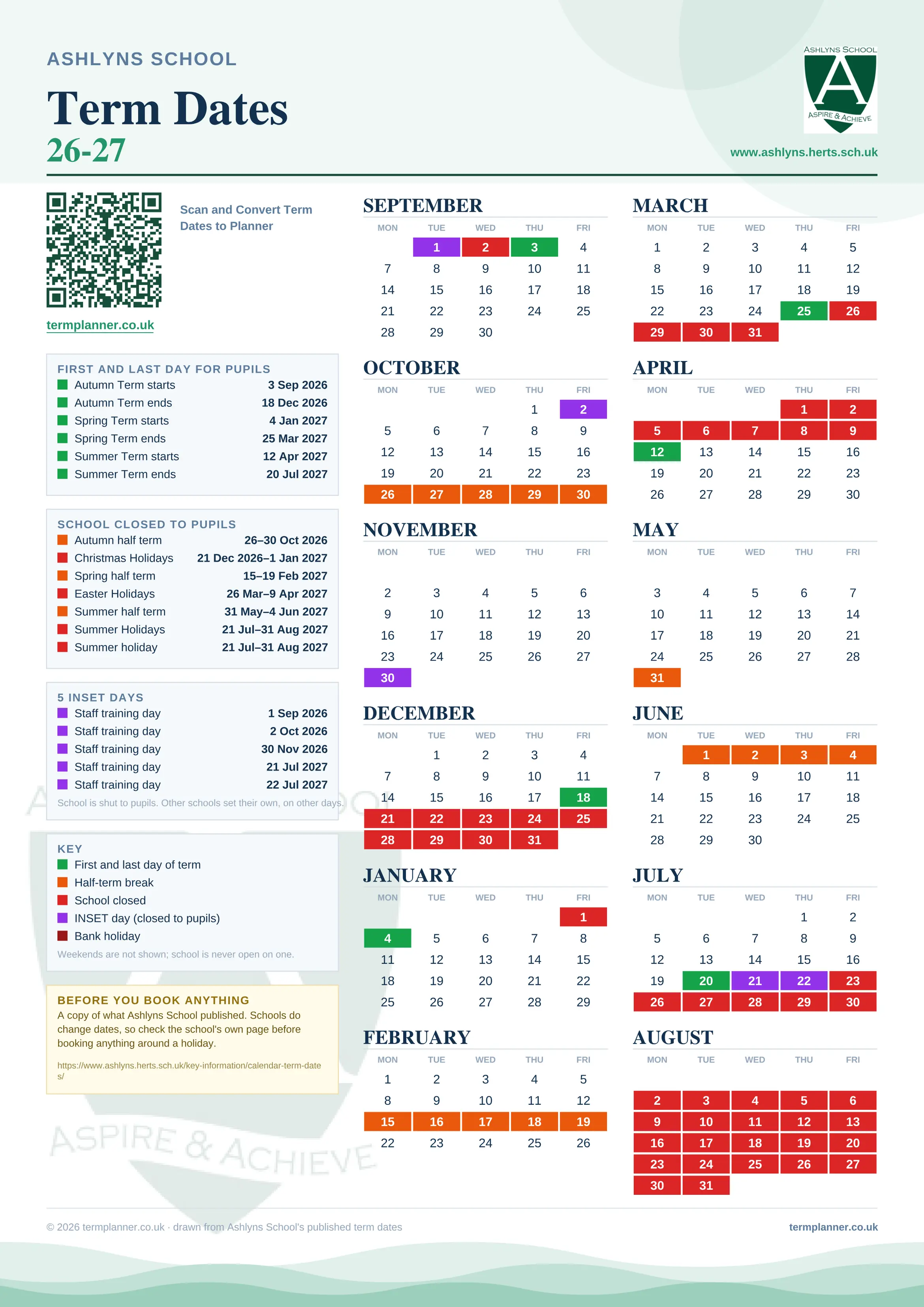 Ashlyns School’s 2026/27 school year drawn as one sheet: twelve month grids from September to August, Monday to Friday, with autumn term 3 September to 18 December 2026, spring term 4 January to 25 March 2027, summer term 12 April to 20 July 2027. Half terms, holidays and bank holidays are filled in colour, the first and last day of each term is marked, 5 INSET days are picked out, and every date is listed again in words down the left.