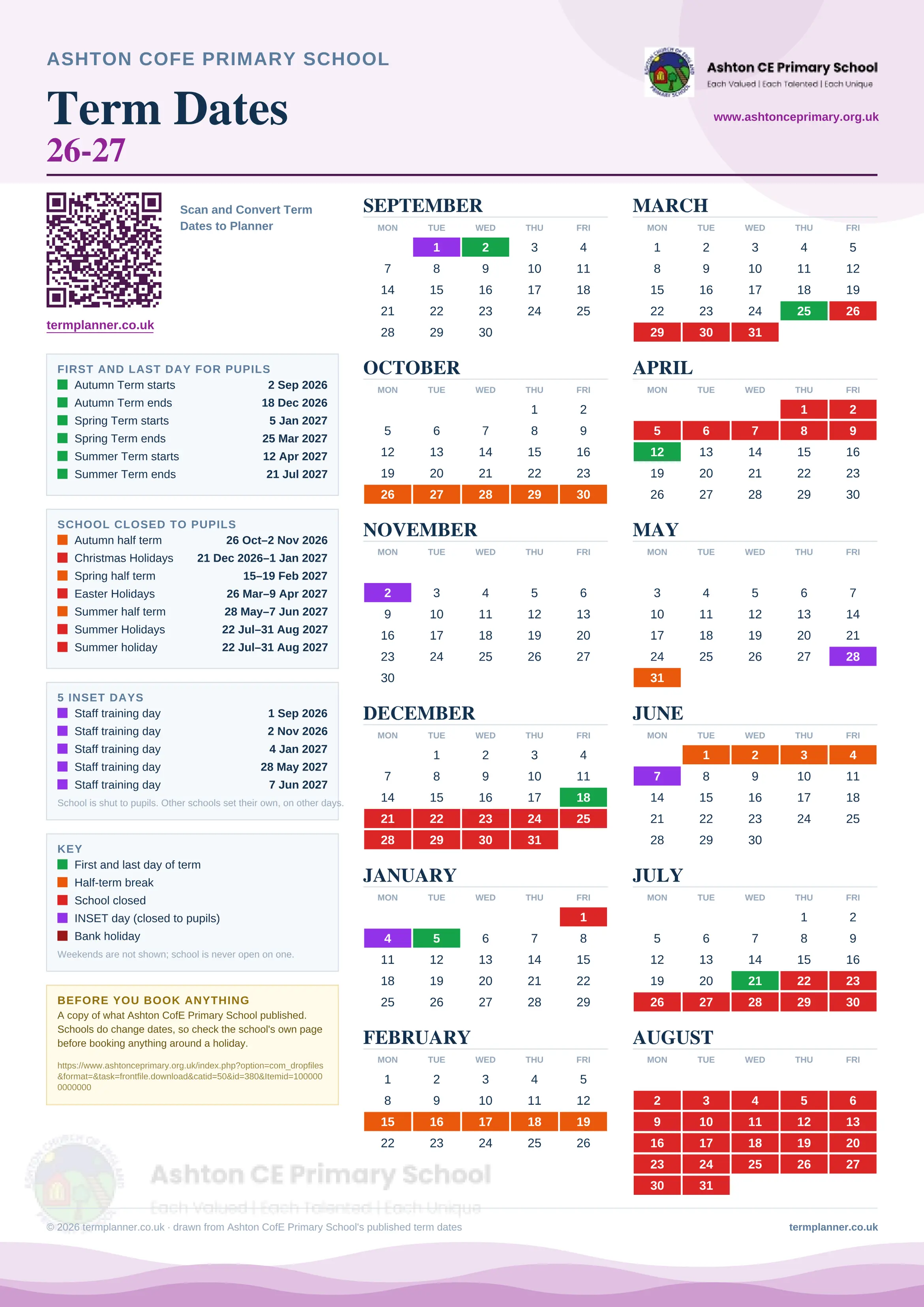 Ashton CofE Primary School’s 2026/27 school year drawn as one sheet: twelve month grids from September to August, Monday to Friday, with autumn term 2 September to 18 December 2026, spring term 5 January to 25 March 2027, summer term 12 April to 21 July 2027. Half terms, holidays and bank holidays are filled in colour, the first and last day of each term is marked, 5 INSET days are picked out, and every date is listed again in words down the left.