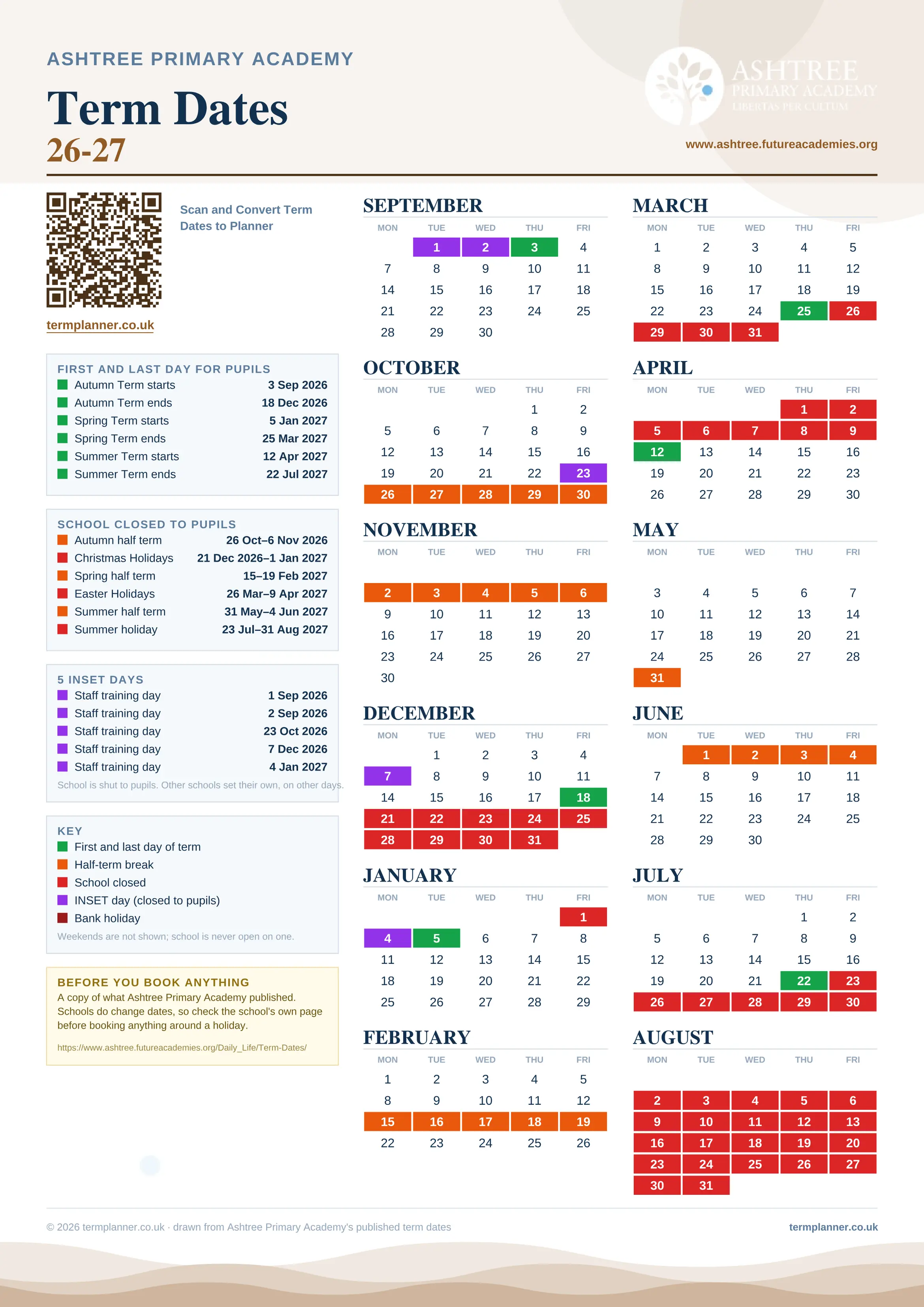 Ashtree Primary Academy’s 2026/27 school year drawn as one sheet: twelve month grids from September to August, Monday to Friday, with autumn term 3 September to 18 December 2026, spring term 5 January to 25 March 2027, summer term 12 April to 22 July 2027. Half terms, holidays and bank holidays are filled in colour, the first and last day of each term is marked, 5 INSET days are picked out, and every date is listed again in words down the left.