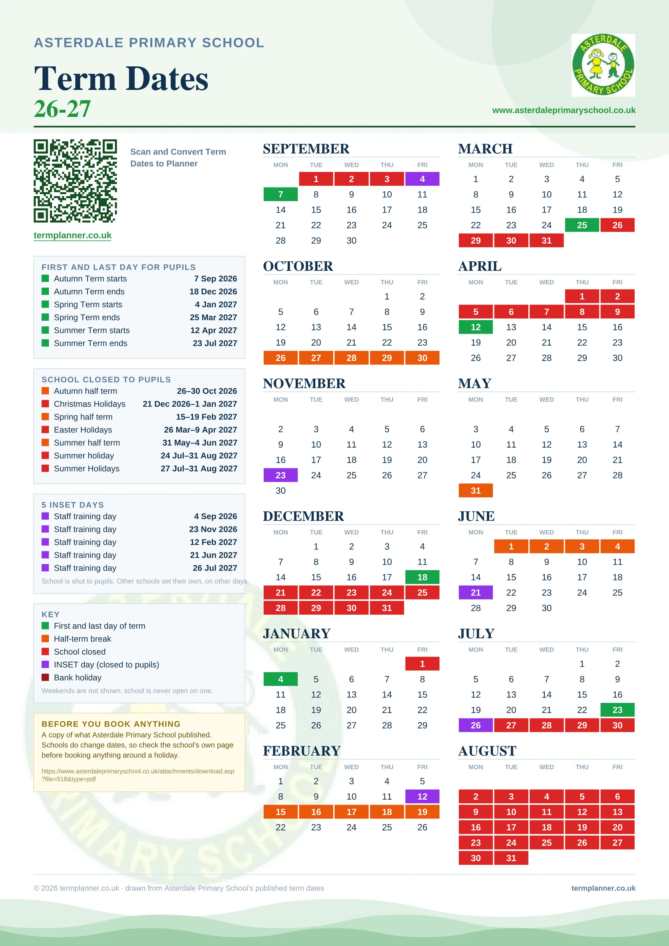 Asterdale Primary School’s 2026/27 school year drawn as one sheet: twelve month grids from September to August, Monday to Friday, with autumn term 7 September to 18 December 2026, spring term 4 January to 25 March 2027, summer term 12 April to 23 July 2027. Half terms, holidays and bank holidays are filled in colour, the first and last day of each term is marked, 5 INSET days are picked out, and every date is listed again in words down the left.