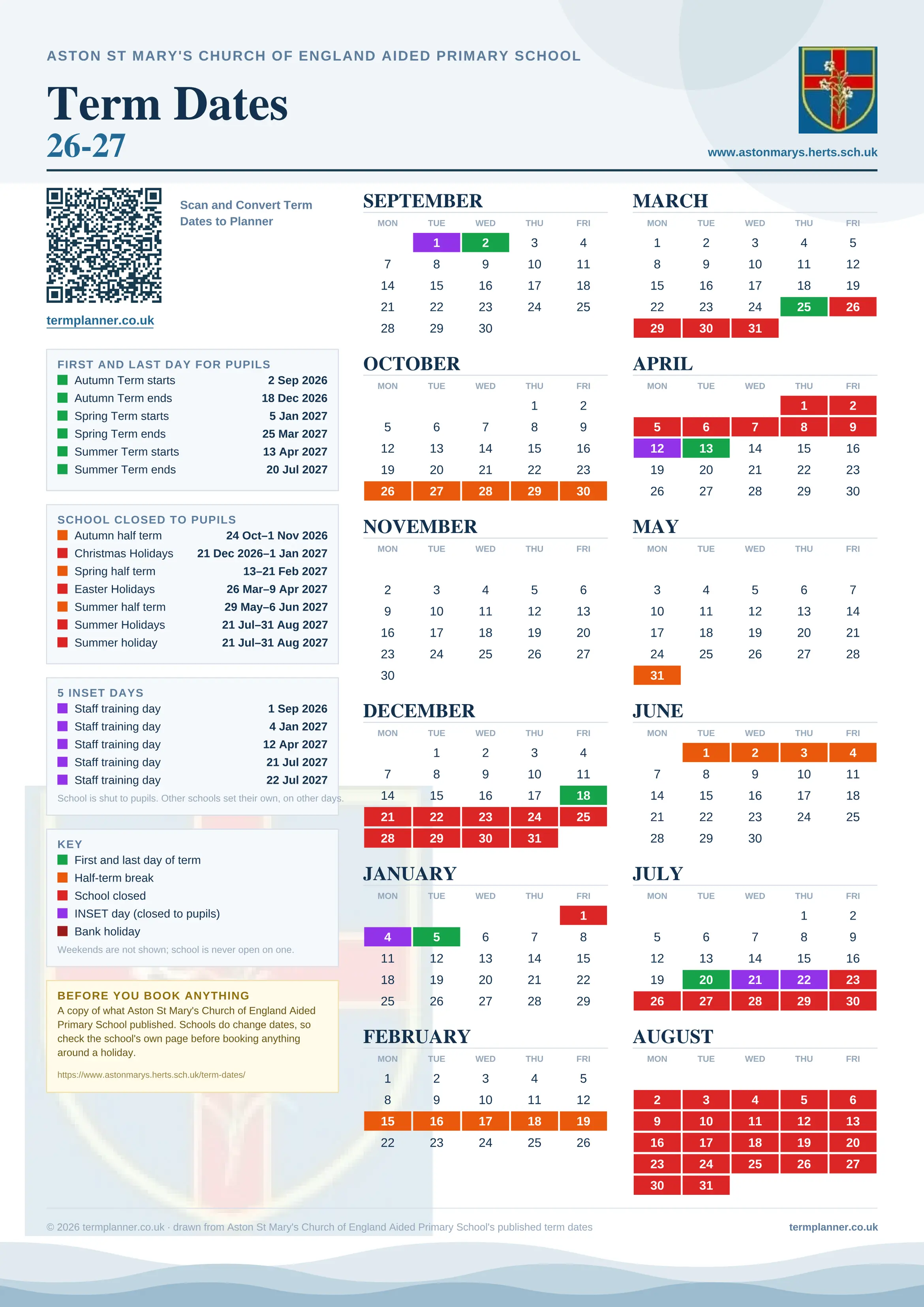 Aston St Mary's Church of England Aided Primary School’s 2026/27 school year drawn as one sheet: twelve month grids from September to August, Monday to Friday, with autumn term 2 September to 18 December 2026, spring term 5 January to 25 March 2027, summer term 13 April to 20 July 2027. Half terms, holidays and bank holidays are filled in colour, the first and last day of each term is marked, 5 INSET days are picked out, and every date is listed again in words down the left.