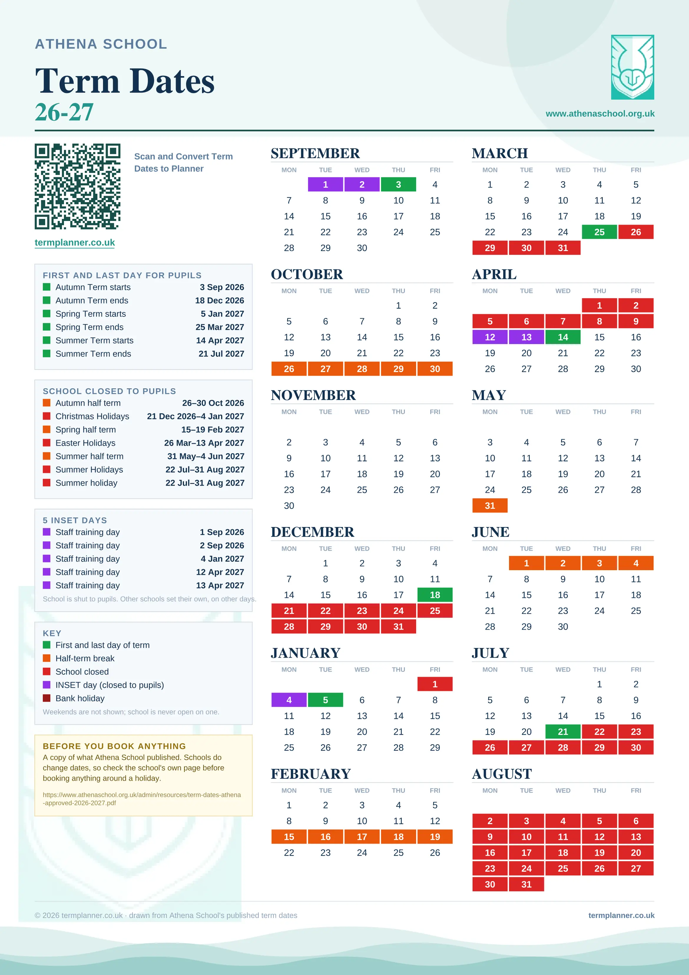 Athena School’s 2026/27 school year drawn as one sheet: twelve month grids from September to August, Monday to Friday, with autumn term 3 September to 18 December 2026, spring term 5 January to 25 March 2027, summer term 14 April to 21 July 2027. Half terms, holidays and bank holidays are filled in colour, the first and last day of each term is marked, 5 INSET days are picked out, and every date is listed again in words down the left.