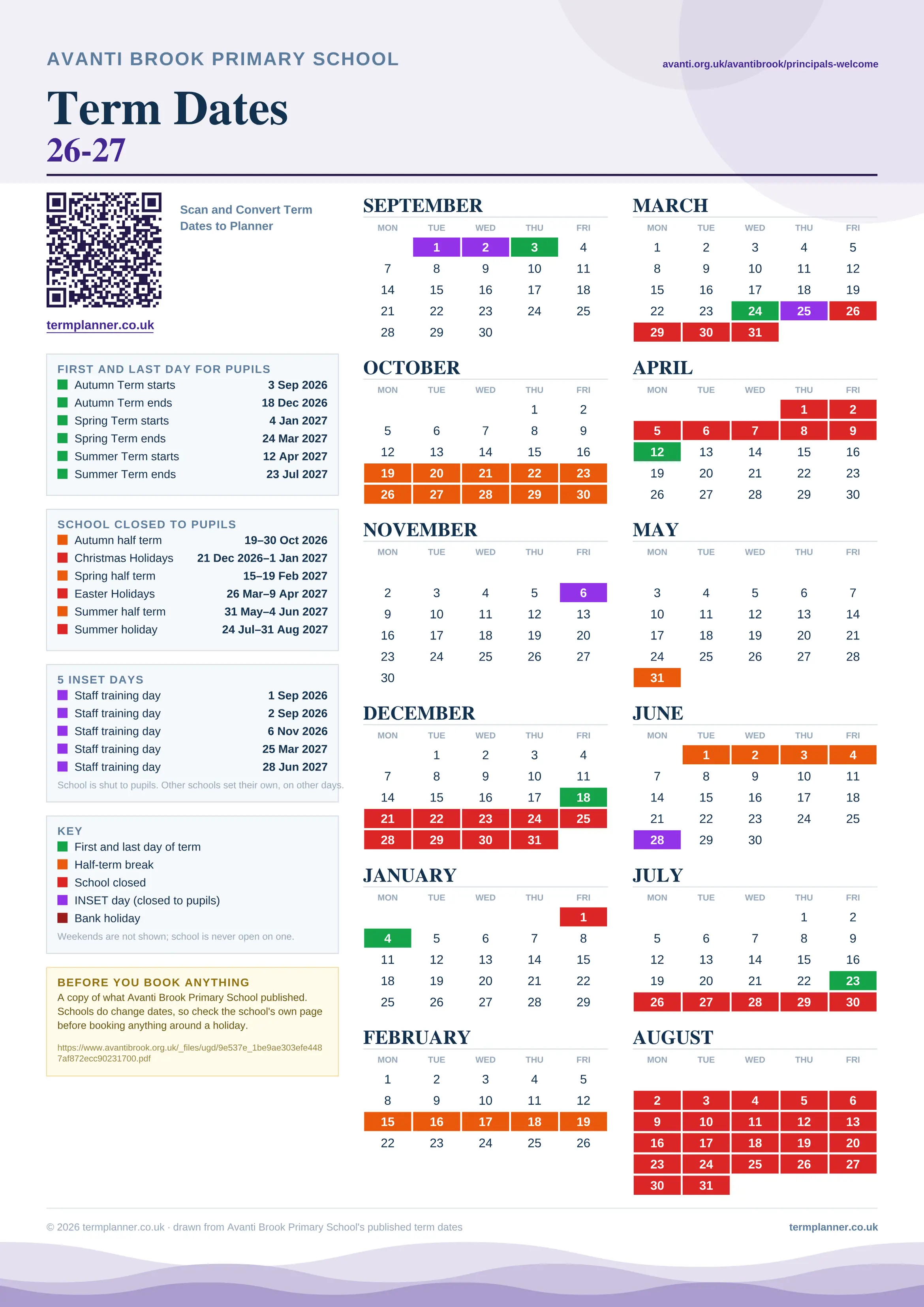 Avanti Brook Primary School’s 2026/27 school year drawn as one sheet: twelve month grids from September to August, Monday to Friday, with autumn term 3 September to 18 December 2026, spring term 4 January to 24 March 2027, summer term 12 April to 23 July 2027. Half terms, holidays and bank holidays are filled in colour, the first and last day of each term is marked, 5 INSET days are picked out, and every date is listed again in words down the left.
