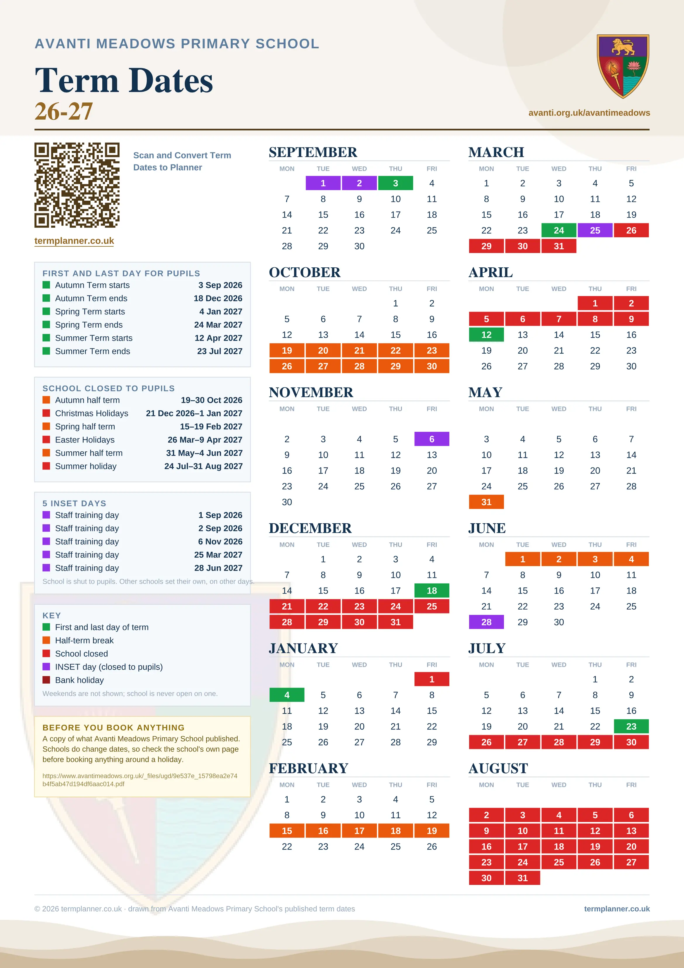 Avanti Meadows Primary School’s 2026/27 school year drawn as one sheet: twelve month grids from September to August, Monday to Friday, with autumn term 3 September to 18 December 2026, spring term 4 January to 24 March 2027, summer term 12 April to 23 July 2027. Half terms, holidays and bank holidays are filled in colour, the first and last day of each term is marked, 5 INSET days are picked out, and every date is listed again in words down the left.