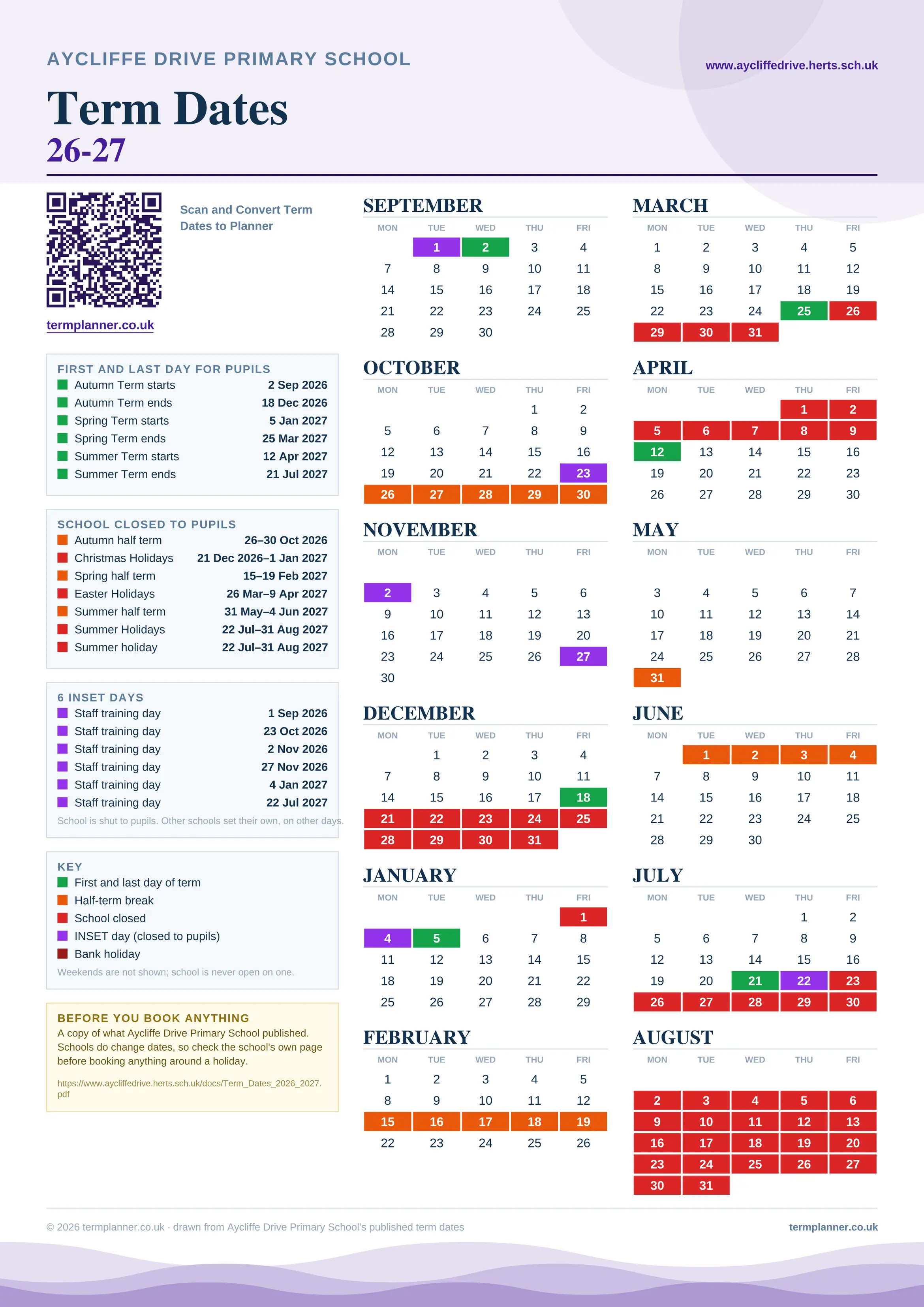 Aycliffe Drive Primary School’s 2026/27 school year drawn as one sheet: twelve month grids from September to August, Monday to Friday, with autumn term 2 September to 18 December 2026, spring term 5 January to 25 March 2027, summer term 12 April to 21 July 2027. Half terms, holidays and bank holidays are filled in colour, the first and last day of each term is marked, 6 INSET days are picked out, and every date is listed again in words down the left.