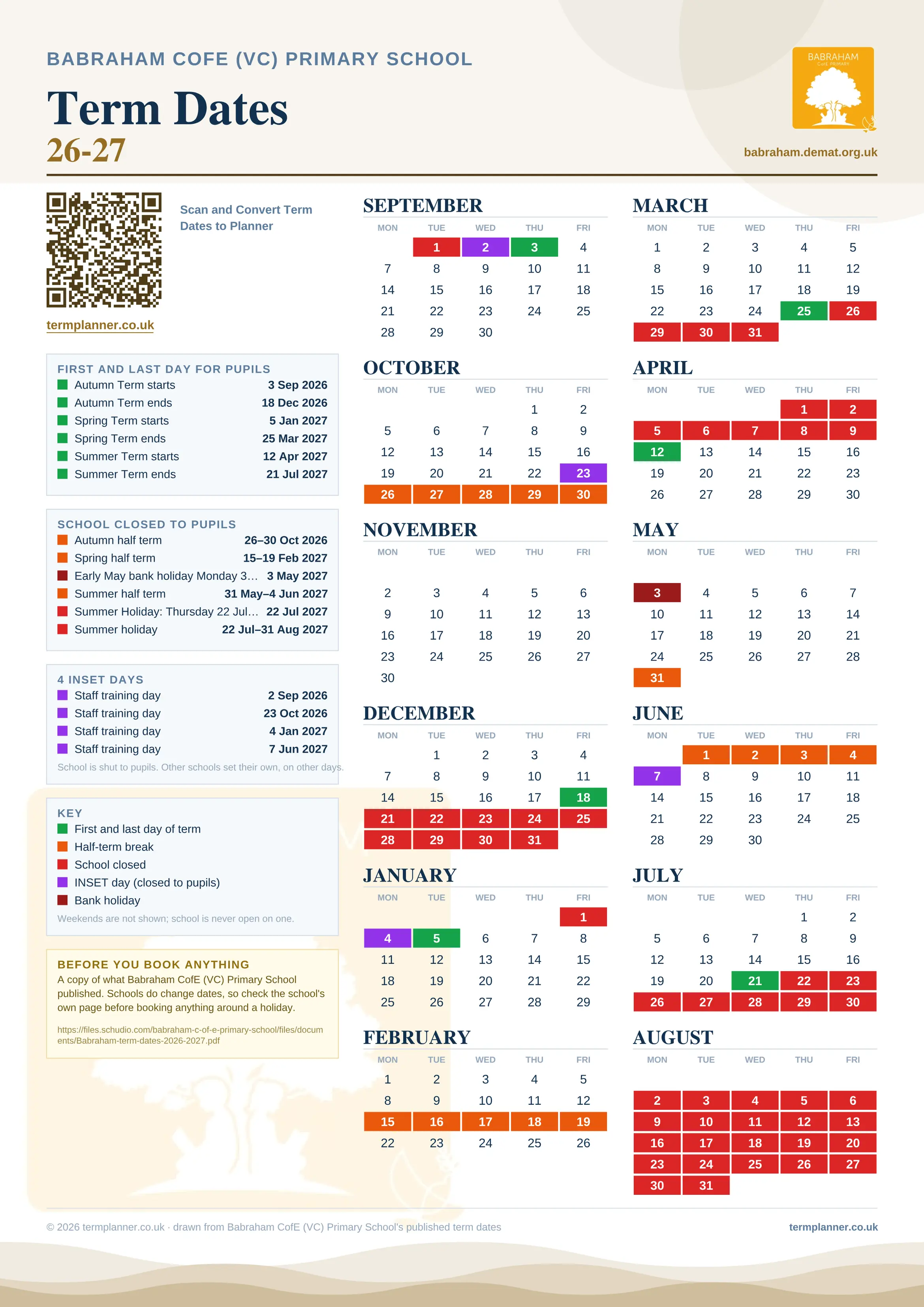 Babraham CofE (VC) Primary School’s 2026/27 school year drawn as one sheet: twelve month grids from September to August, Monday to Friday, with autumn term 3 September to 18 December 2026, spring term 5 January to 25 March 2027, summer term 12 April to 21 July 2027. Half terms, holidays and bank holidays are filled in colour, the first and last day of each term is marked, 4 INSET days are picked out, and every date is listed again in words down the left.