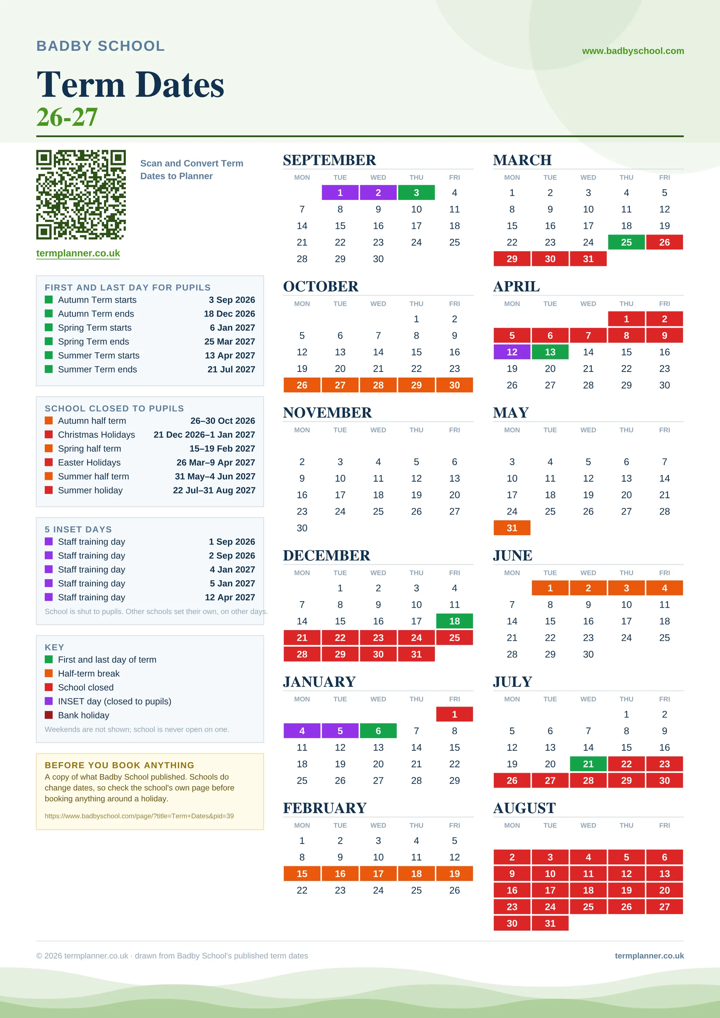 Badby School’s 2026/27 school year drawn as one sheet: twelve month grids from September to August, Monday to Friday, with autumn term 3 September to 18 December 2026, spring term 6 January to 25 March 2027, summer term 13 April to 21 July 2027. Half terms, holidays and bank holidays are filled in colour, the first and last day of each term is marked, 5 INSET days are picked out, and every date is listed again in words down the left.