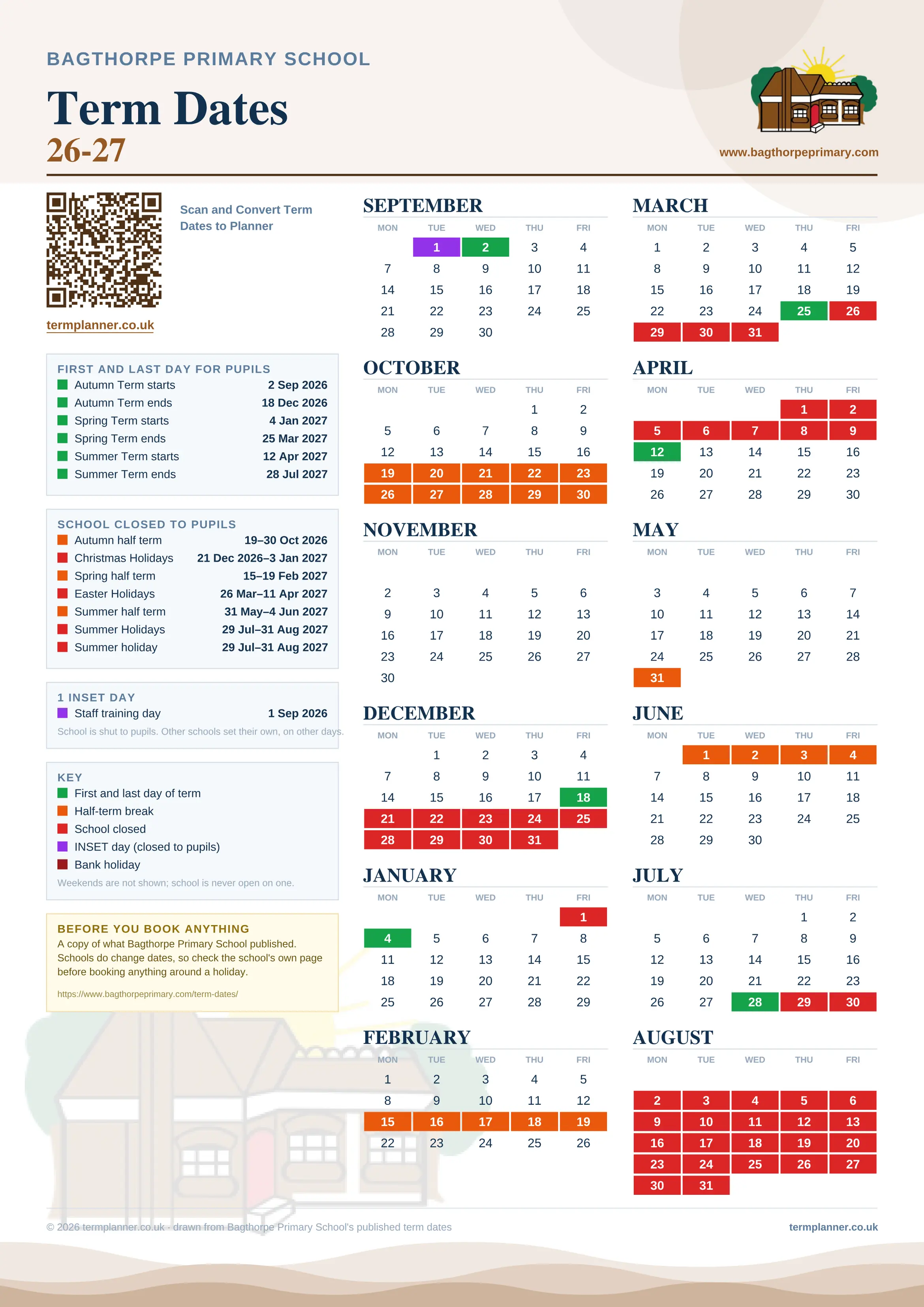 Bagthorpe Primary School’s 2026/27 school year drawn as one sheet: twelve month grids from September to August, Monday to Friday, with autumn term 2 September to 18 December 2026, spring term 4 January to 25 March 2027, summer term 12 April to 28 July 2027. Half terms, holidays and bank holidays are filled in colour, the first and last day of each term is marked, 1 INSET day is picked out, and every date is listed again in words down the left.